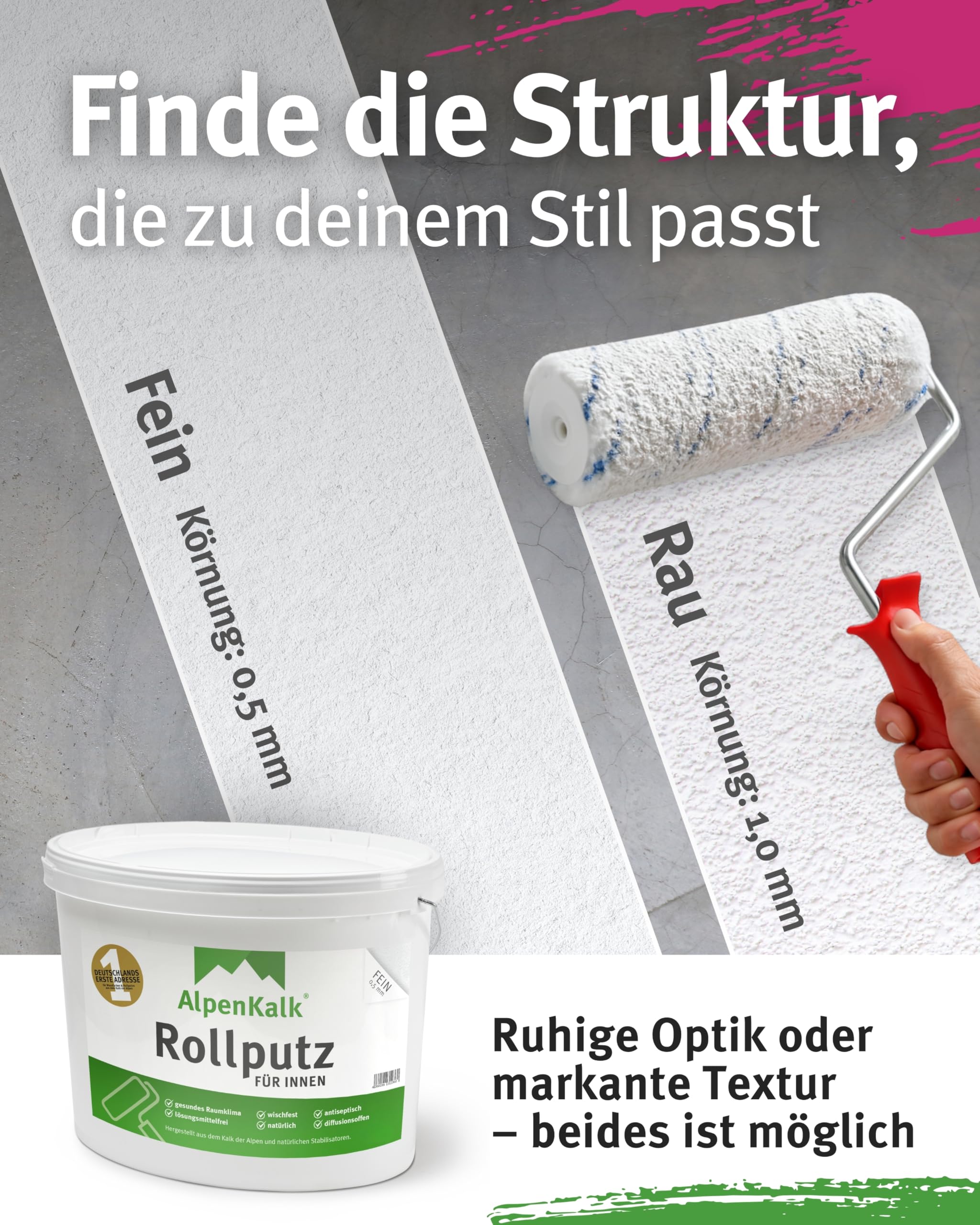 Starter-Set I Feiner Rollputz Innen 7 kg + Tiefengrund 2,5 l für ca. 20m² I 0,5 mm Körnung I Inkl. 18 & 10cm Spezialrollen, 21 x 25cm Abstreifgitter & Quirl I Atmungsaktiv & schimmelhemmend