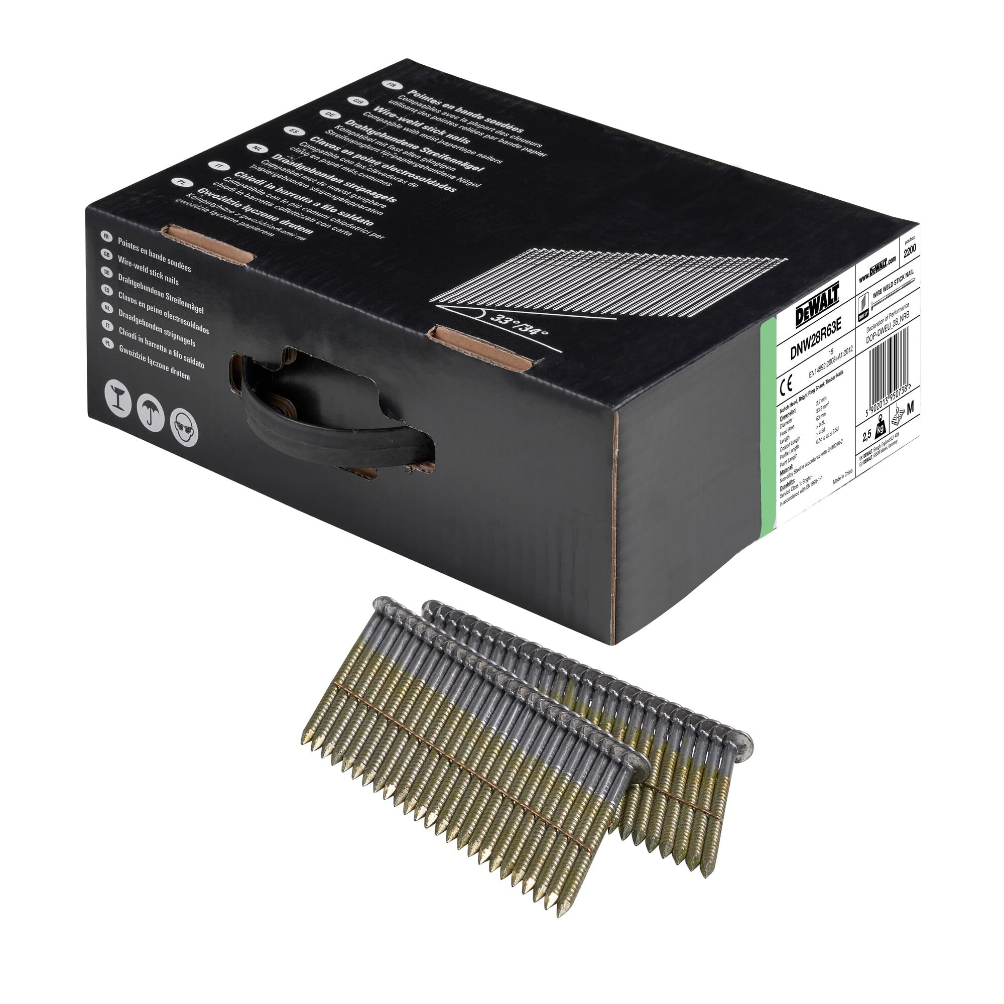 Set de 2200 Clous Anneau DeWalt 34° Argent 63mm