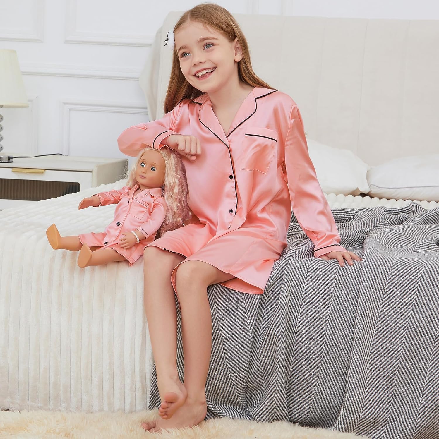 Jxstar Matching Girls& Doll Satin Nightgowns Silk Pajamas Sleepwear Long Sleeve Night Dresses - Image 2