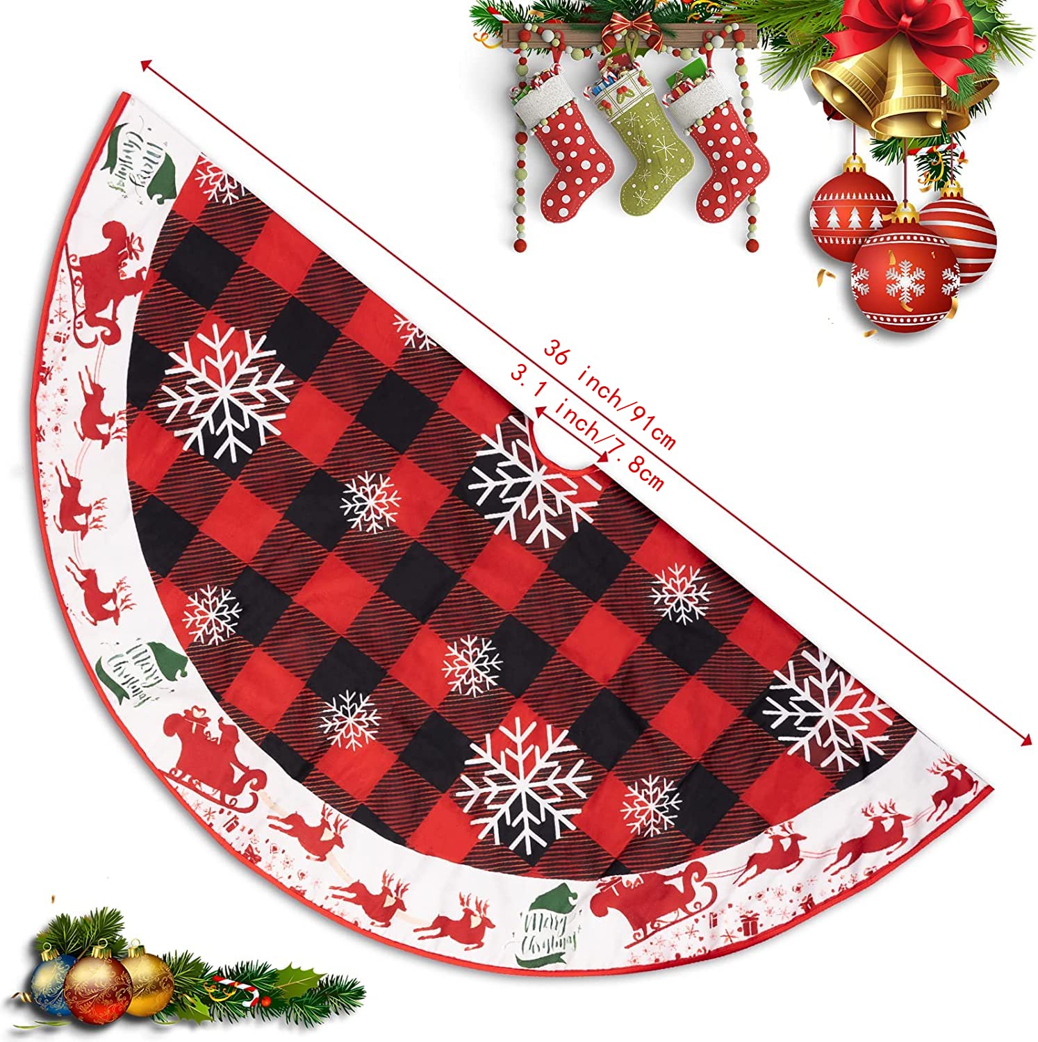 Grey White Snowflake Tree Skirt – 36 Inch Velvet Christmas Tree Mat For 4-6 Ft Trees