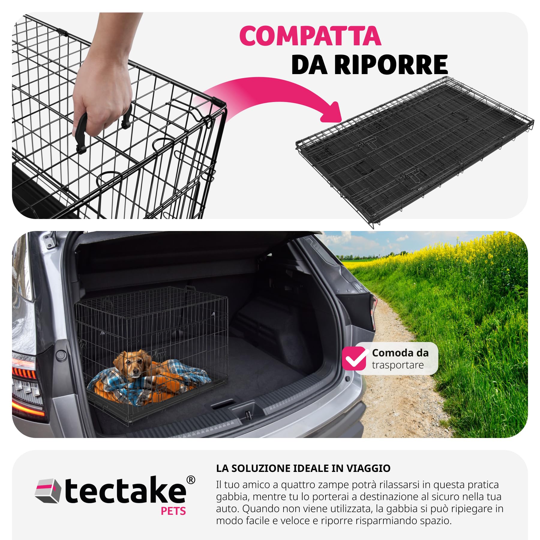 tectake® Trasportino Auto per Cani Spazioso, 78x48x52,5cm, Gabbia per cani con Griglia in Acciaio Robusta, per Gatti, Pieghevole, 2 Porte, Doppia Chiusura, Vasca Rimovibile, 2 Maniglie per Trasporto