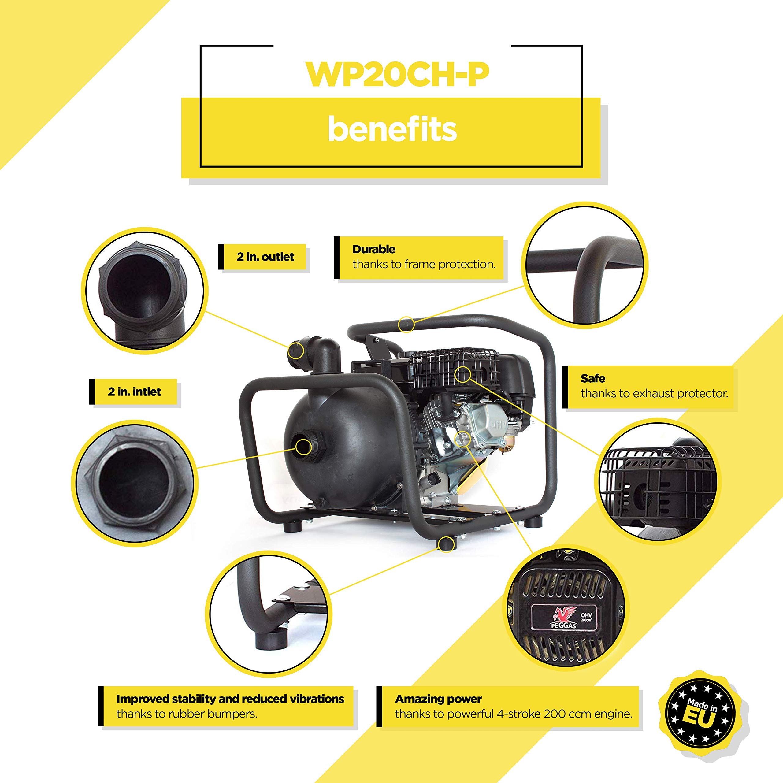 Pompe à Eau WASPPER WP20CH-P - Débit 60000 L/h, Moteur Essence 4 Temps 200cc, Hauteur Refoulement 30m, Accessoires Inclus