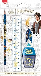 Maped - Set de Papeterie 4 Pièces - 1 Règle Transparente 15cm + 1 Taille-Crayons 1 Trou + 1 Gomme + 1 Crayon Papier HB - Licence Harry Potter Officielle