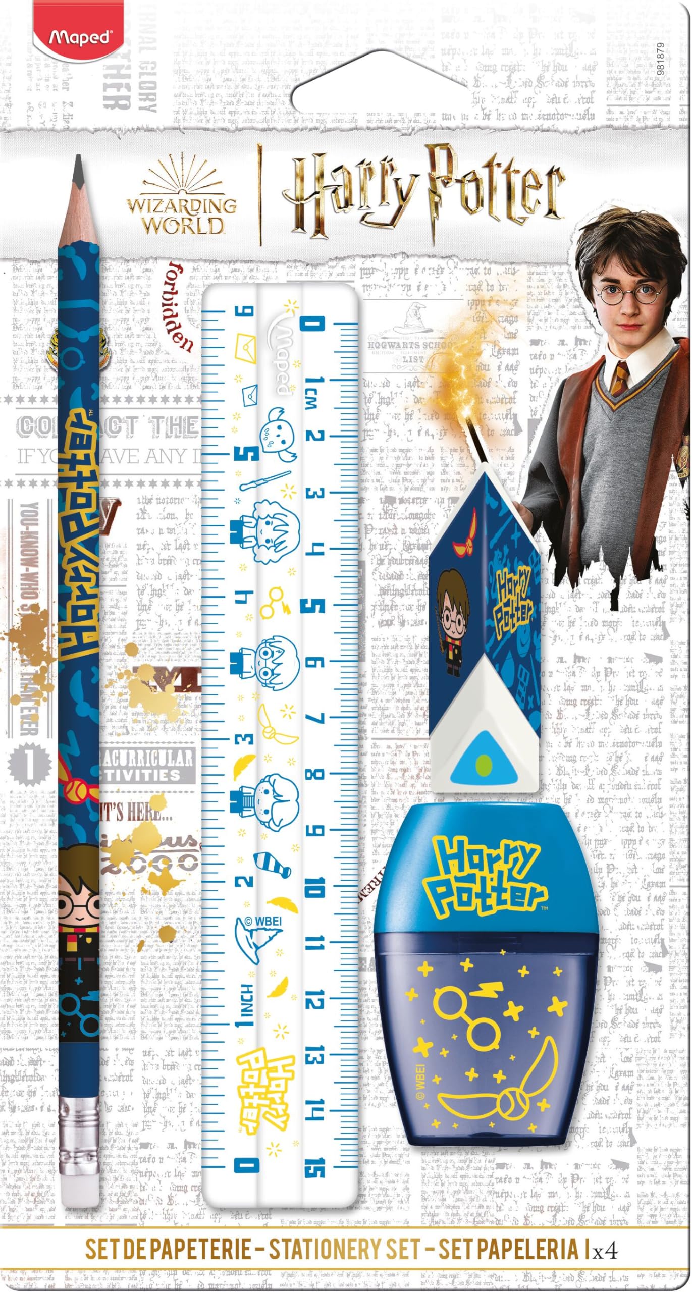 Maped - Juego de papelería de 4 piezas, 1 regla transparente de 15 cm + 1 sacapuntas 1 agujero + 1 goma + 1 lápiz papel HB - Licencia oficial de Harry Potter