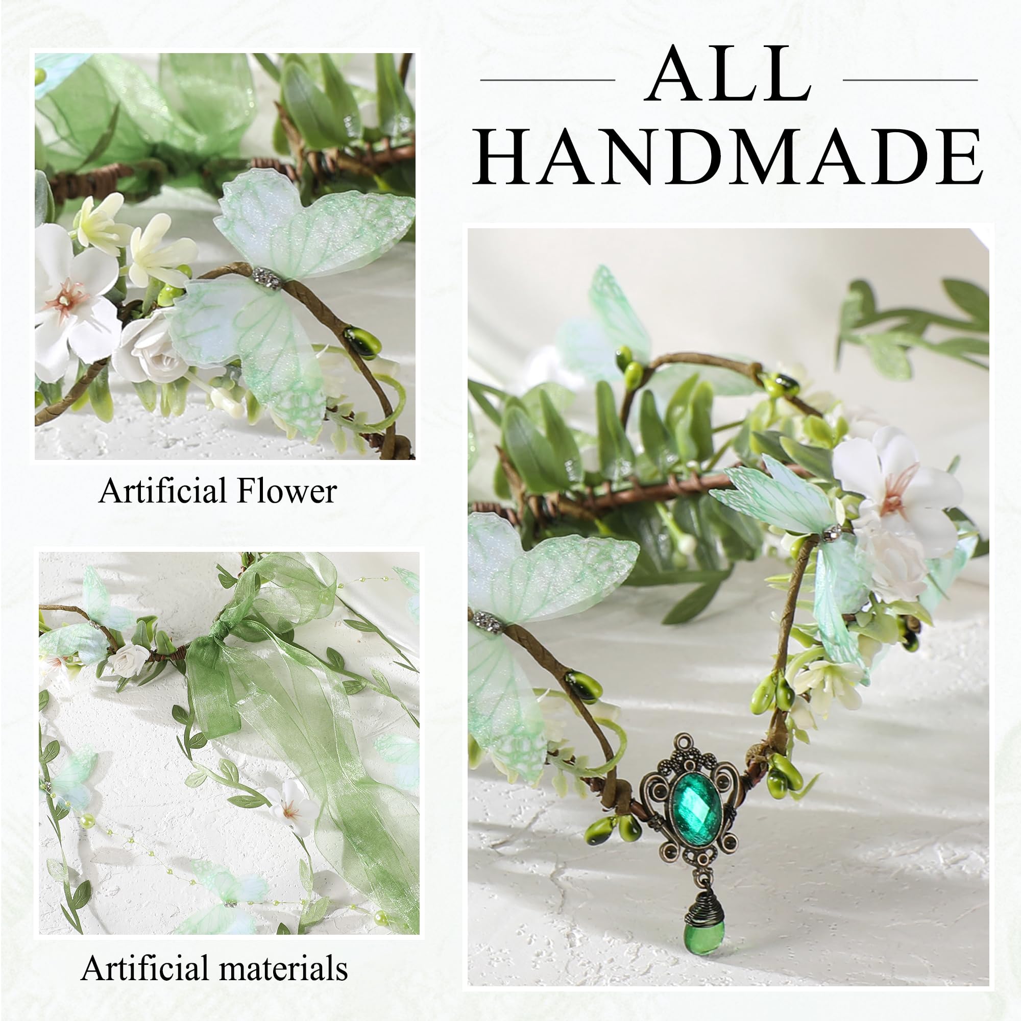 MOSTORY Couronne d'elfes - Bijou de tête de fée de la forêt - Costume de carnaval - Couronne de fleurs vert forêt - Elfe - Papillons - Compas floral - Forêt - Elfes - Esthétique - Pour femme