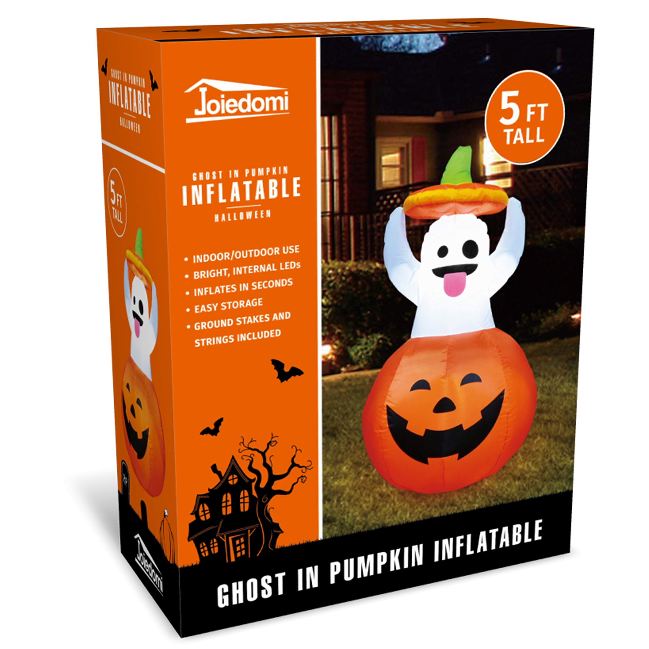Joiedomi 1,52 m Halloweenowe nadmuchiwane dekoracje z duchem na zewnątrz, nadmuchiwane dekoracje ogrodowe w kształcie dyni, nadmuchiwany duch z diodami LED na uroczą dekorację na Halloween