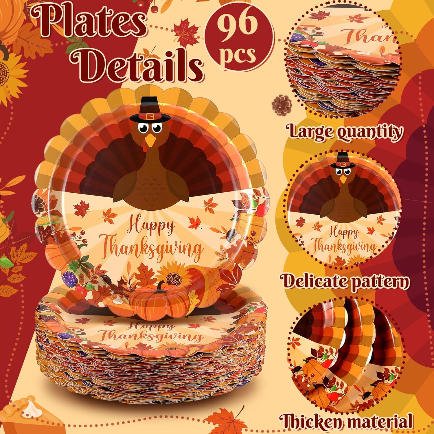 Fourluoo 96 Pcs Thanksgiving Turkey Paper Plates Disposable 9 Inch Turkey Plates for Thanksgiving Fall Party Birthday Party Decoration Supplies