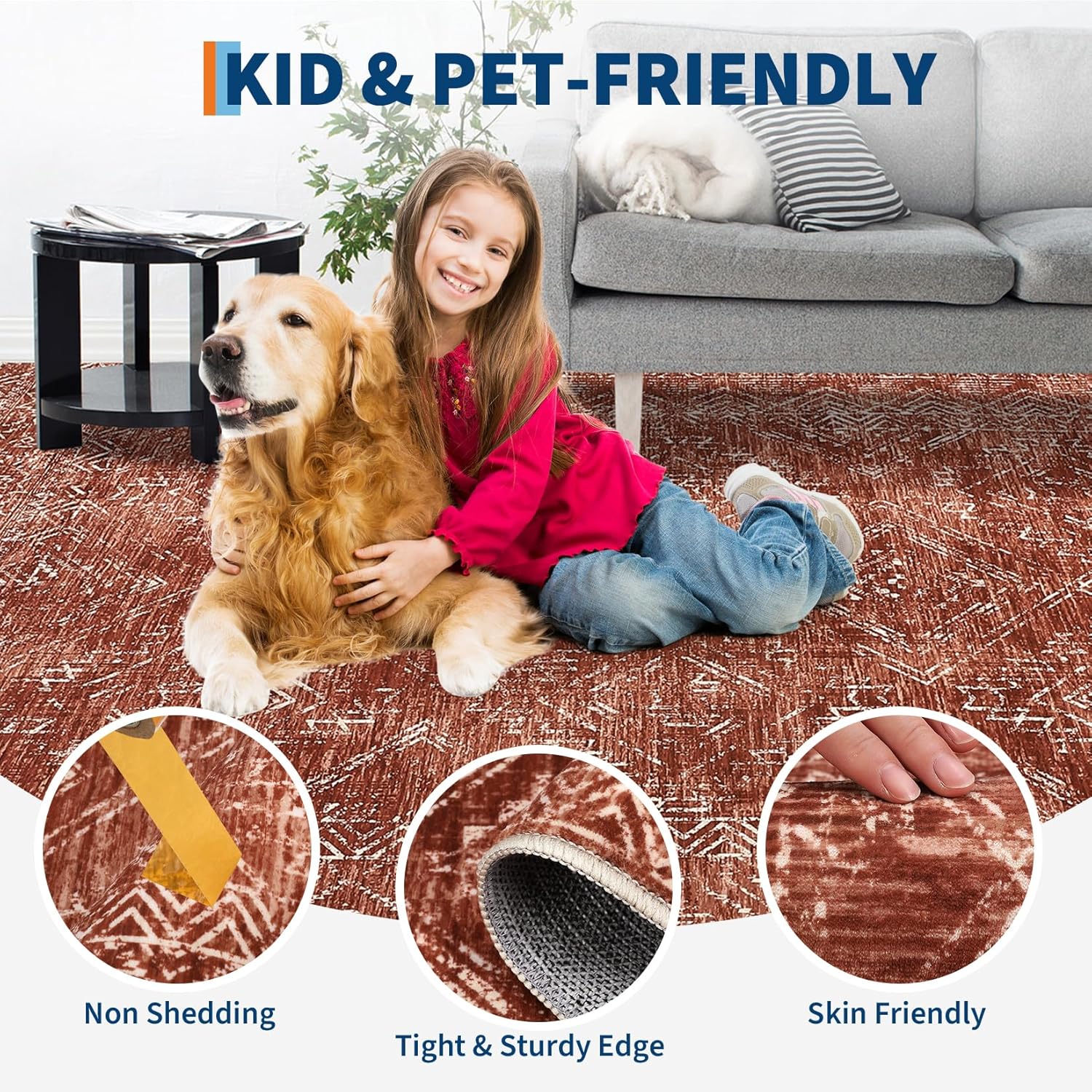 COZYLOOM 2x6 Rug Modern Indoor Area Rug Machine-Washable for Living Room or Hallway Softness Foldable Mat for Easy Storage Geometric Design Non Slip Rug Low Pile Stain Resistant Carpet, Brick Red