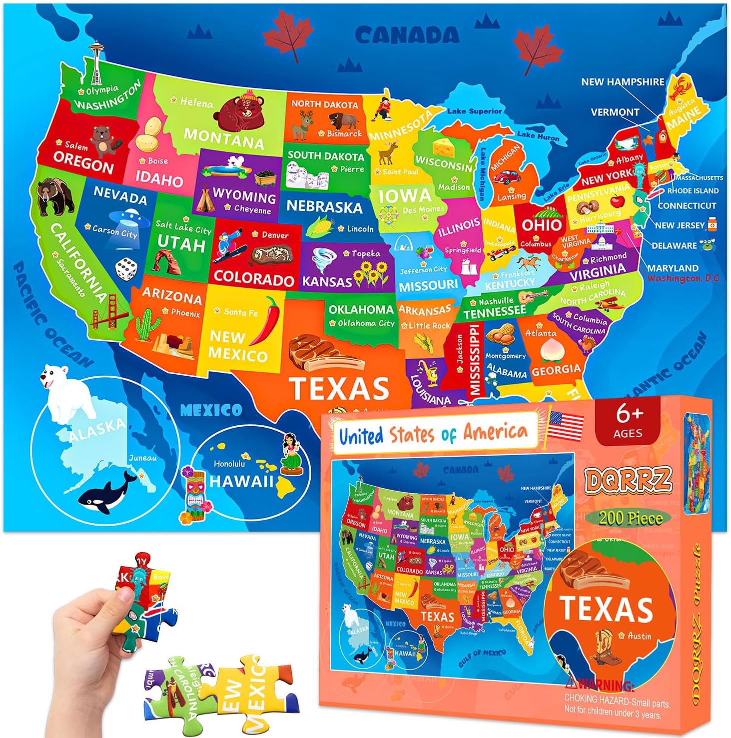 United States Map Puzzle for Kids Ages 6-8 8-10 10-12 - 200 Piece Floor Jigsaw with Poster - Educational USA Geography Jigsaw with 50 States & Capitals - Large Map Puzzle STEM Gift for Boys and Girls