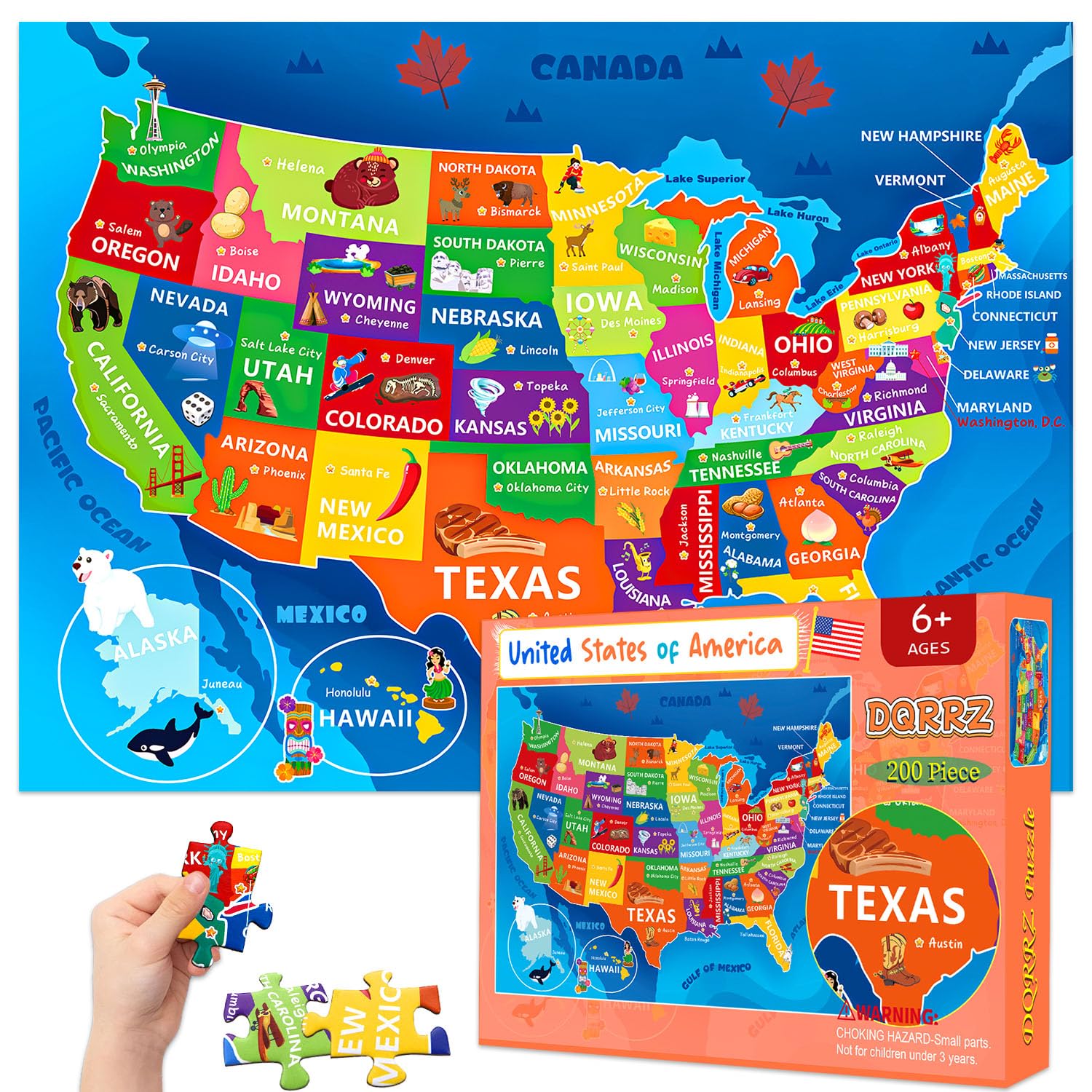 Puzzles für Kinder im Alter von 6-8 Jahren 8-10 - 200 Teile Vereinigte Staaten und USA Puzzle | Lernspielzeug in den USA, buntes Kinderpuzzle für 6, 7, 8, 9, 10, 11, 12 Jahre, Jungen und Mädchen. Urlaubsgeschenke