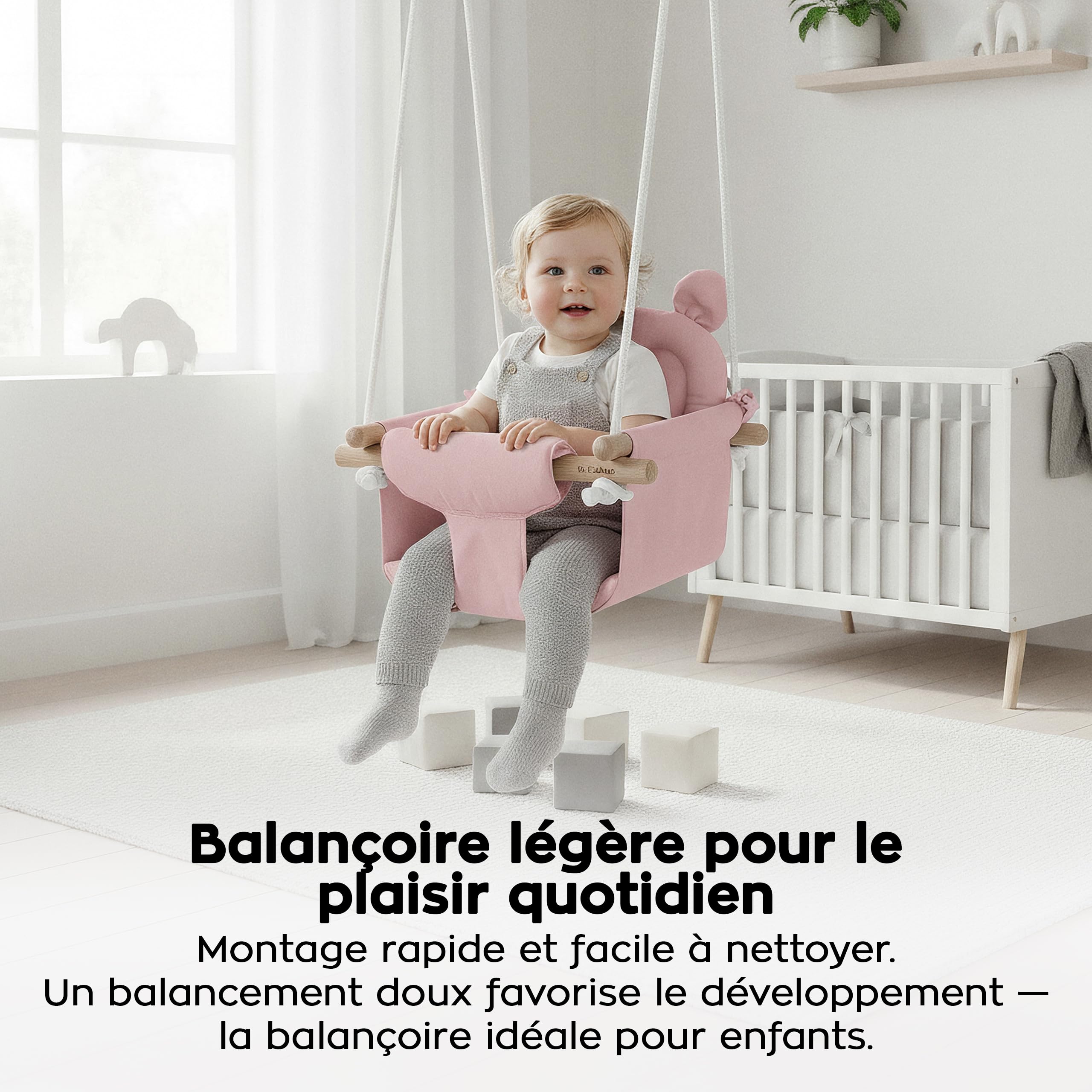 Tulano Hop 30 Balancoire Bebe Exterieur – Siege Enfant Suspendu – pour Maison et Jardin – 6-36 Mois – Charge 36 kg – Ceinture de Sécurité – Assise Douce – Bois et Tissu – Rose