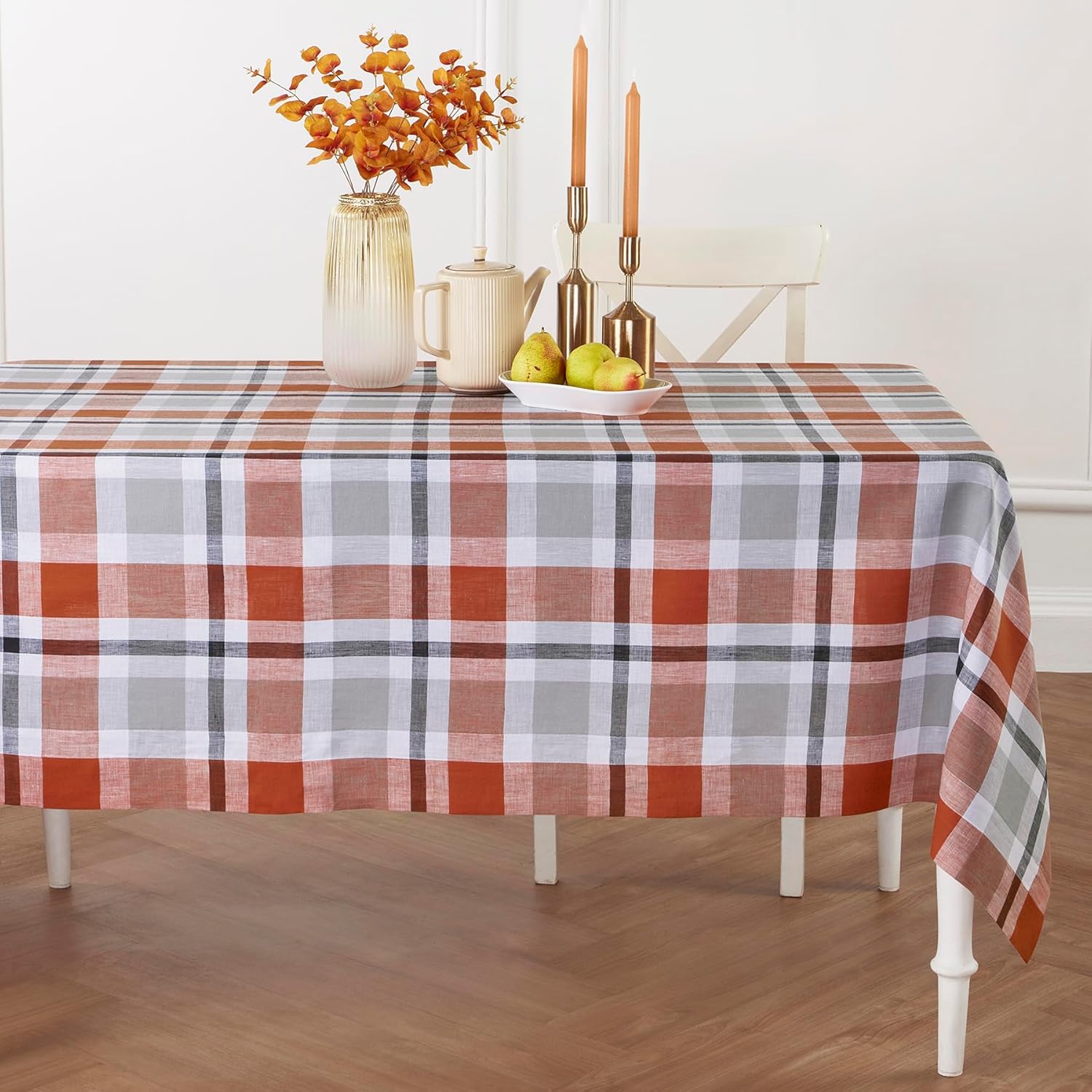 Solino Home Linen Plaid Tablecloth 60 x 120 Inch - 100% Pure Linen Cinnamon Table Cloth for Rectangle Tables - Fall Buffalo Check Machine Washable Tablecloth for Autumn, Halloween, Thanksgiving