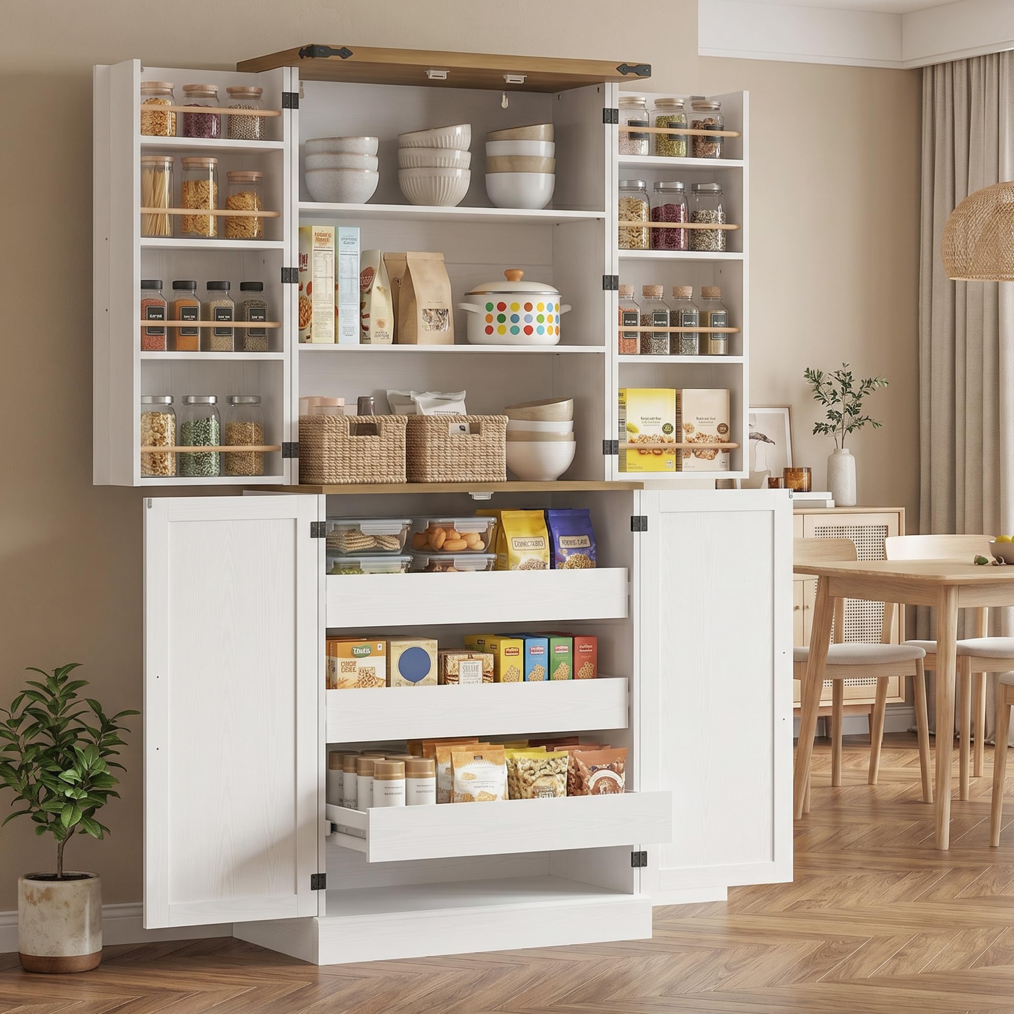 HOMCOM Buffet Haut Cuisine Armoire de Cuisine 4 Portes 76x40x182cm Blanc | Vaisselier, 3 Tiroirs, 8 Porte-Racks, Étagères Réglables, Style Rustique, Meuble de Rangement Salon, Salle à Manger