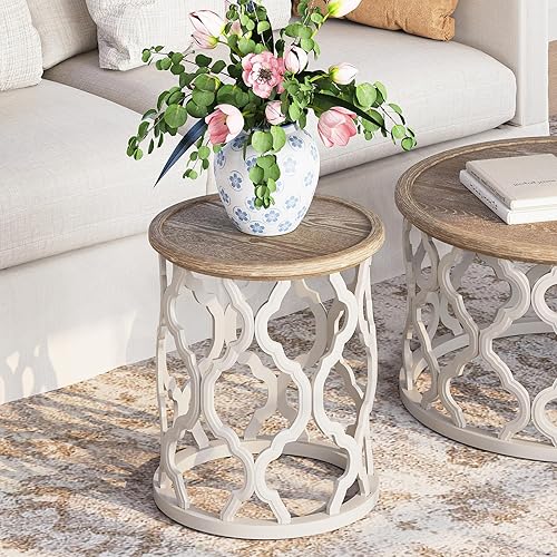 Miniatura 4 de karlott Mesa auxiliar de granja, mesa auxiliar redonda francesa de 18.5 pulgadas, mesa auxiliar con bandeja envejecida con base de marco de motivo