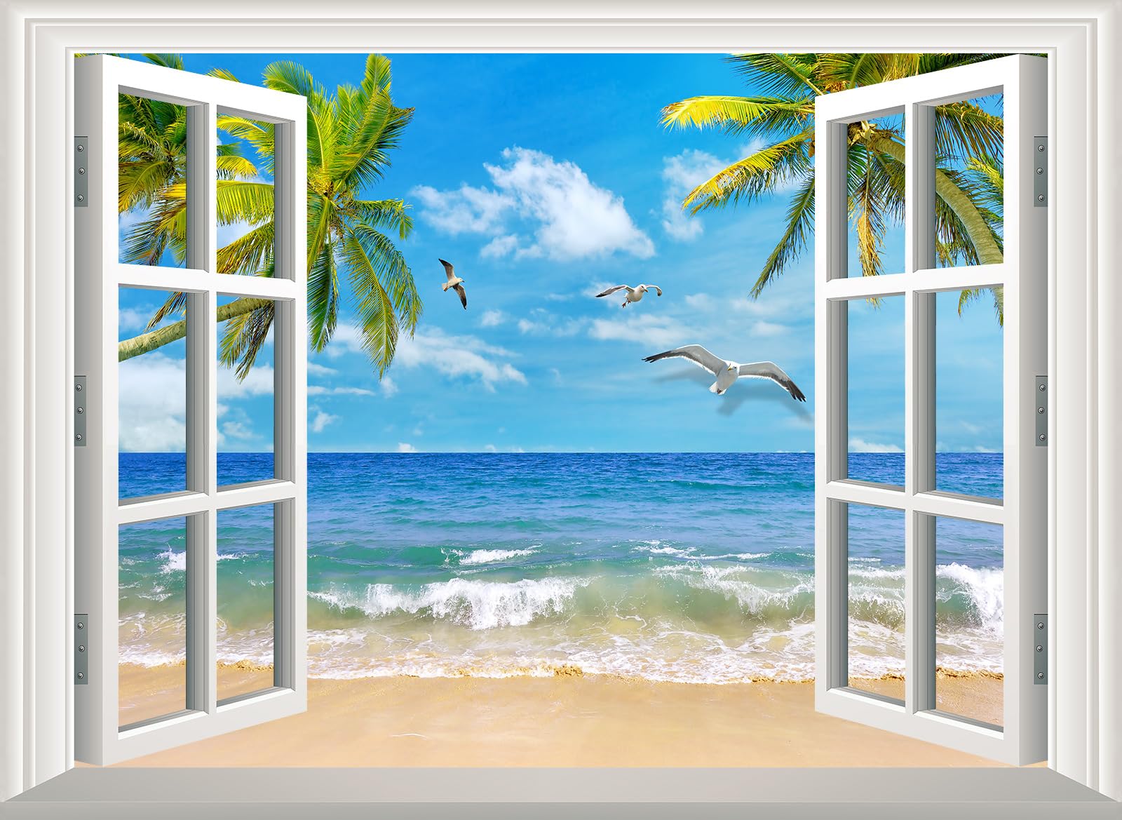 Fightal - Beach Fake Window Wall Sticker Mural Wall Decal Stick and Peel - 80"x58"