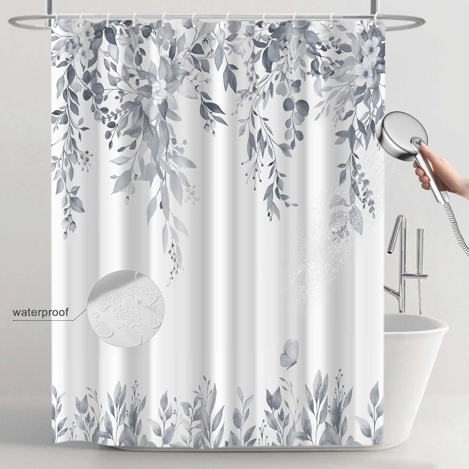 Eucalyptus Shower Curtains for Bathroom, Light Grey Watercolor Leaves with Floral Shower Curtain Sets with Hooks, Waterproof Fabric Botanical Bathroom Decor, 72x84 Inches