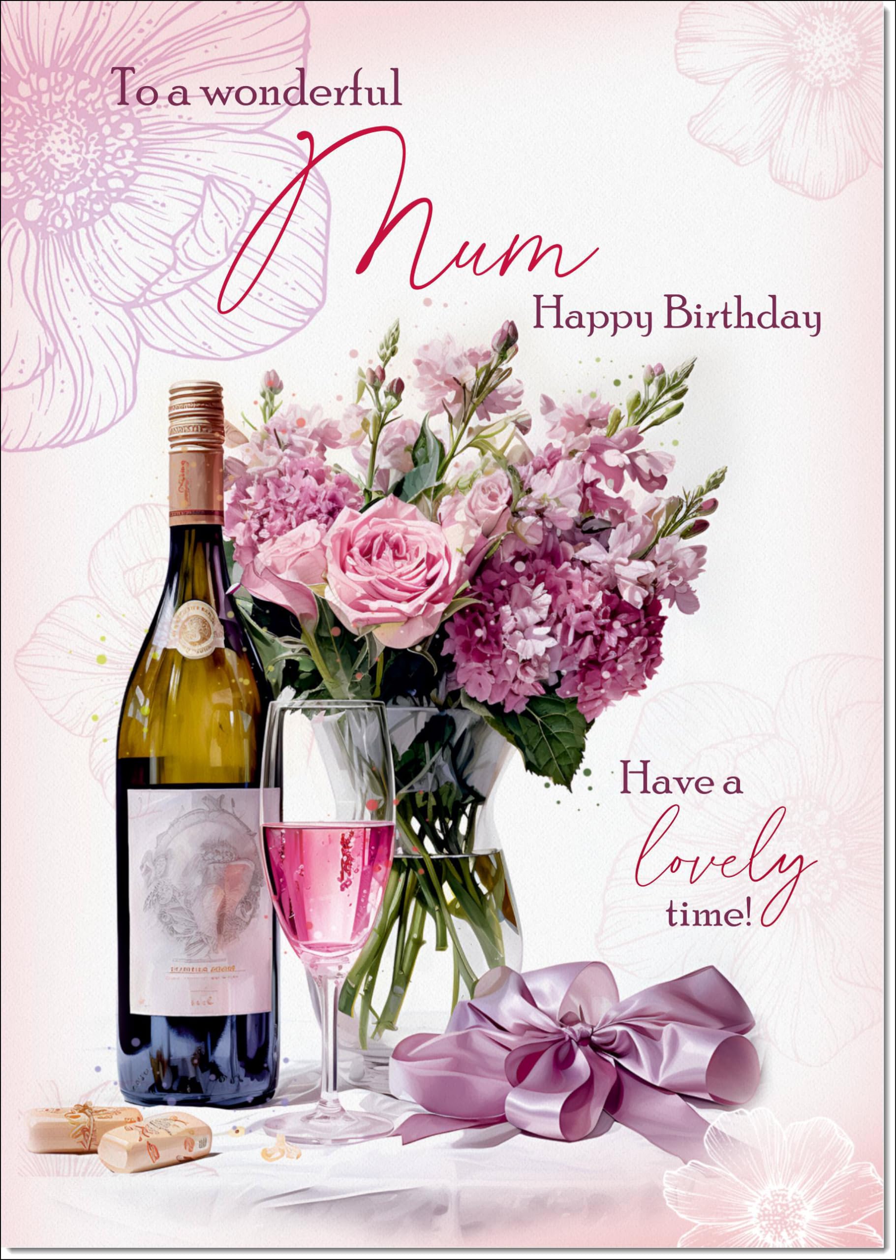 doodlecards Mum Birthday Card Roses and Red Wine Large A4 Size with Plain Envelope