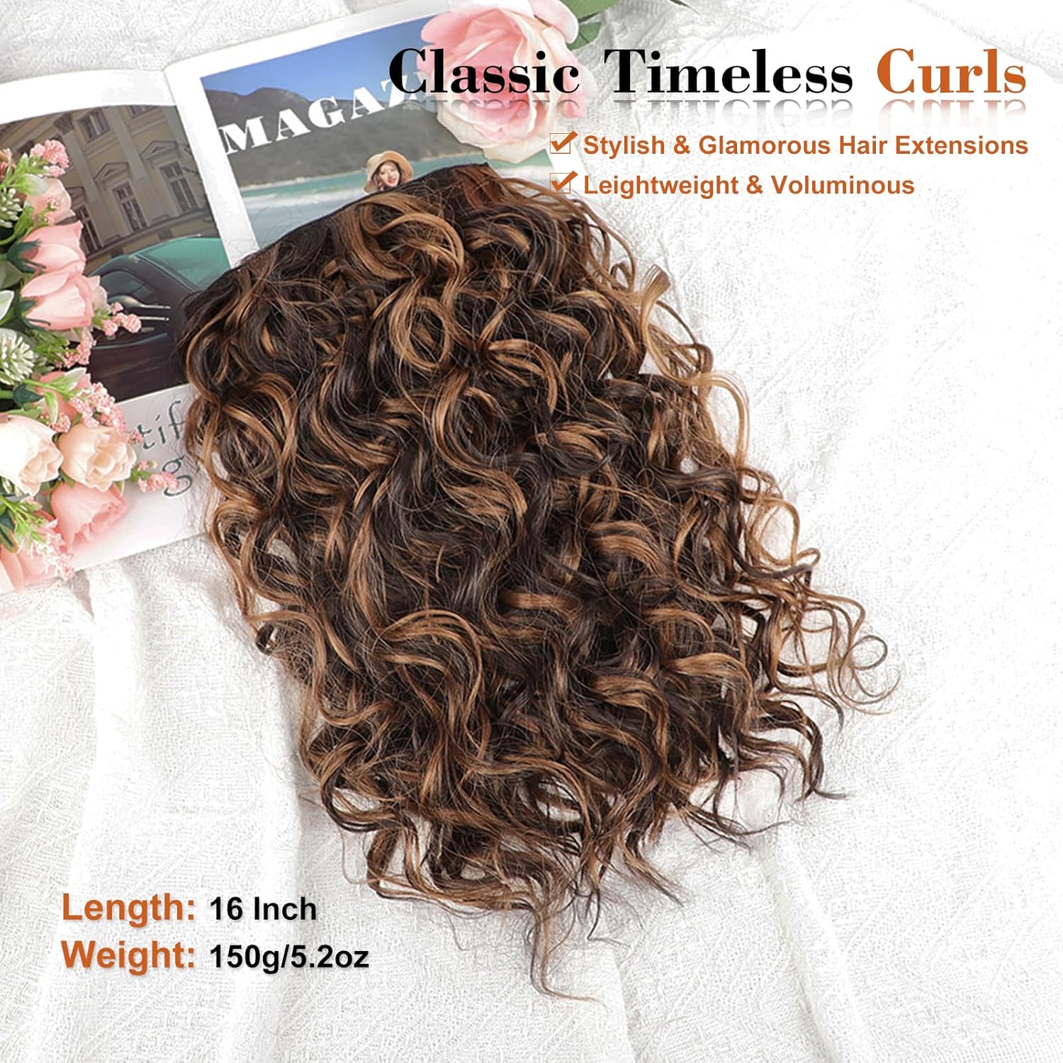 AISI BEAUTY Bouncy Curly Hair Extensions, 4PCS Synthetic Clip in Hair Extensions for Women, Natural Looking & Easy to Wear(16inch Balayage Dark Brown to Chestnut)