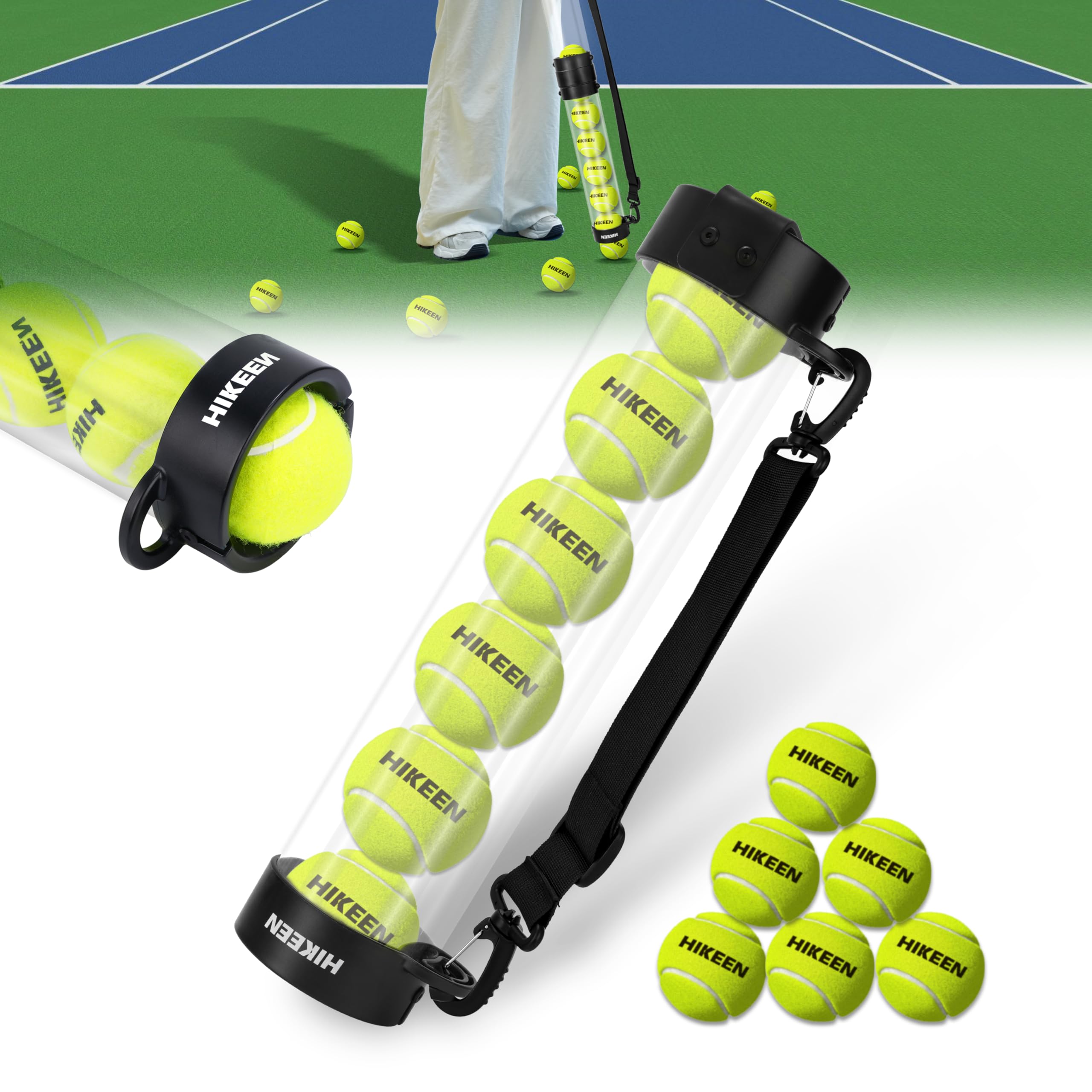 BOOSTEADY Durable Tennis Ball Pick up Tube with 6 Tennis Balls,Quick Pickup & Storage Tennis Ball Tube with Shoulder Strap for Tennis Accessories - Includes 6 Balls