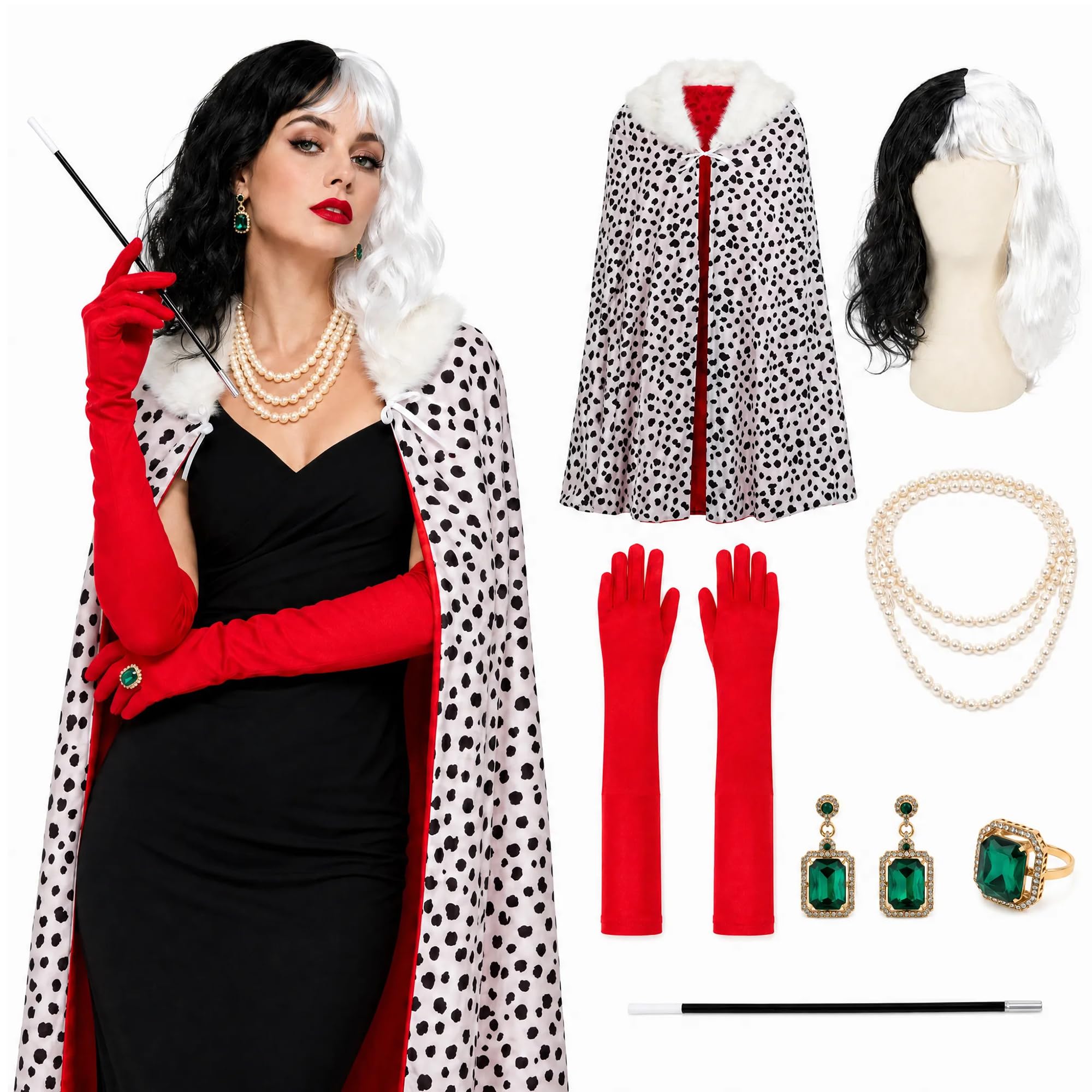 Black White Glam Villain Costume Set for Women with Cape, Wig & Accessories