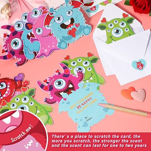 Miniatura 4 de 36 tarjetas de San Valentín de monstruo rasca tarjetas de San Valentín para niños pequeños, tarjetas perfumadas de uva, sobres para intercambio de