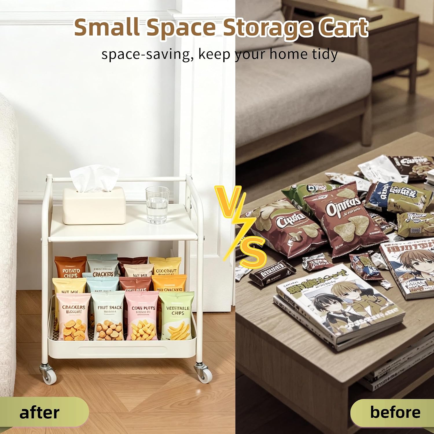 2 Tier Rolling Cart with Wheels, Under Desk Cart with Table Top | Pantry Floor Organizer, White Wheeled Utility Trolley, Short Metal Shelf, Small Kitchen Storage Rack Under Counter