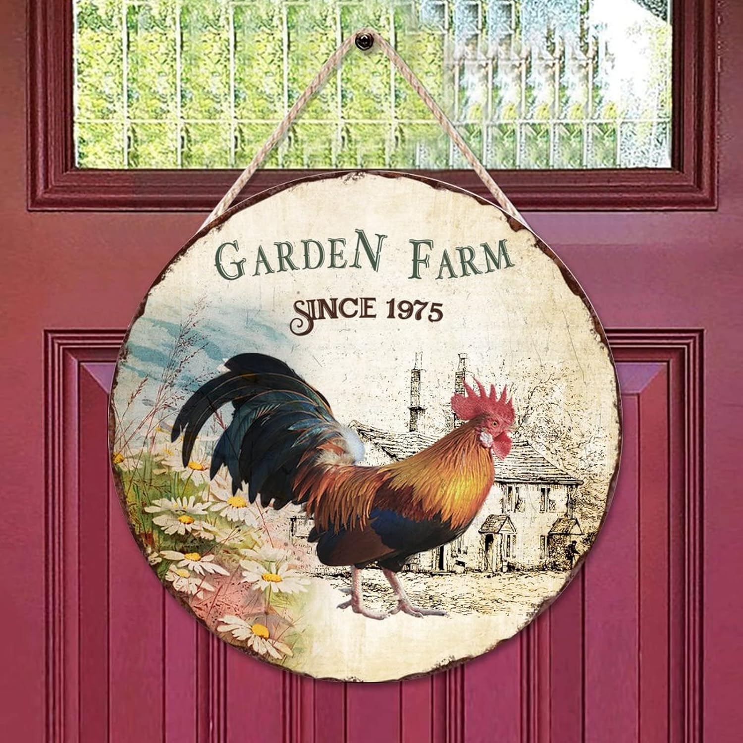 Chicken Front Door Round Wood Sign, Garden Farm Since 1975 Wood Door Sign, Art Font 16x16in Wall Hanging Sign Plaque for Front Door Farmhouse Porch Housewarming Gifts