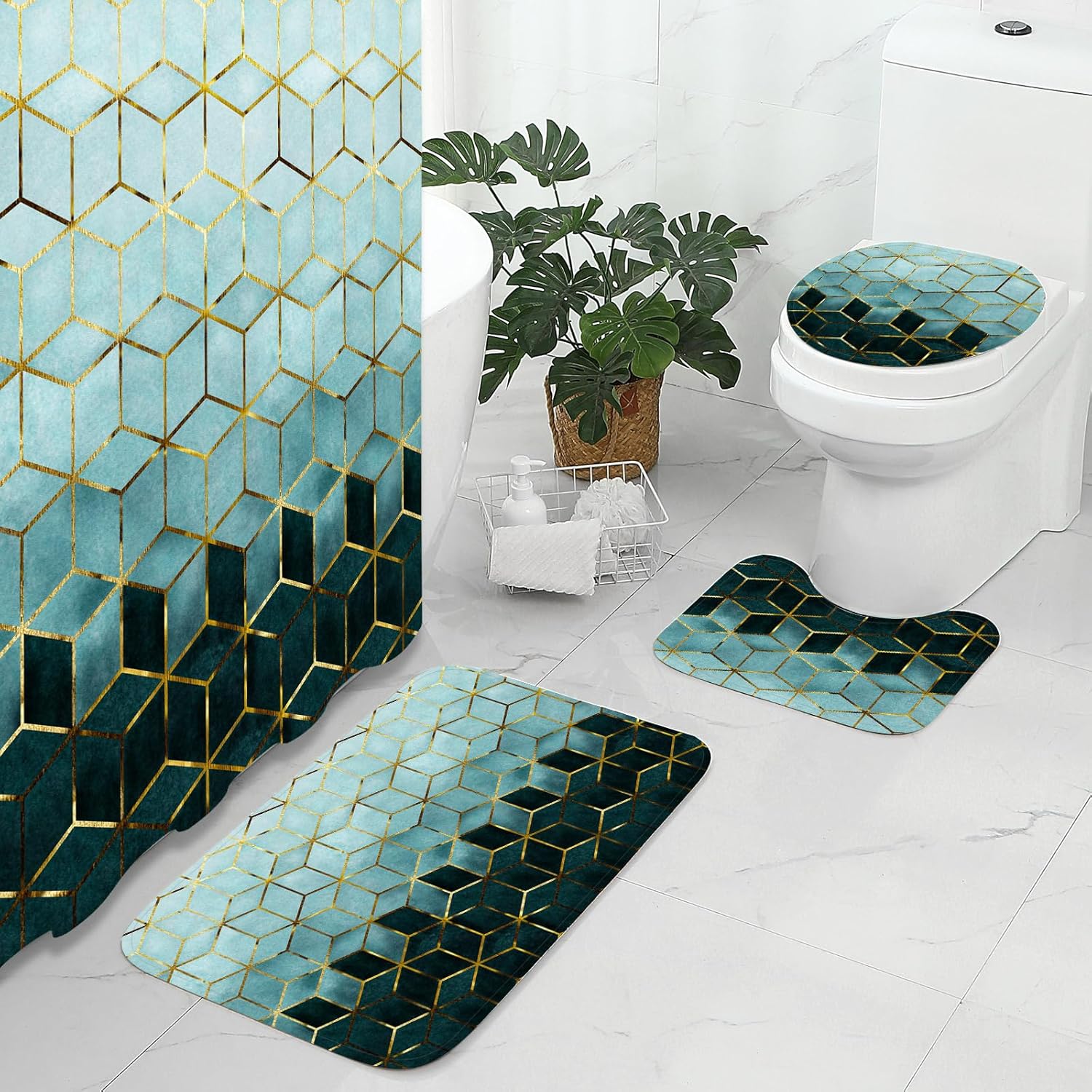 Gibelle 4 Pcs Bathroom Shower Curtain Set with Non-Slip Rugs, Toilet Lid Cover and Bath Mat, Teal Gradient Gold Cubic Lines Luxury Bathroom Decor Set with Shower Curtain and Rugs and Accessories