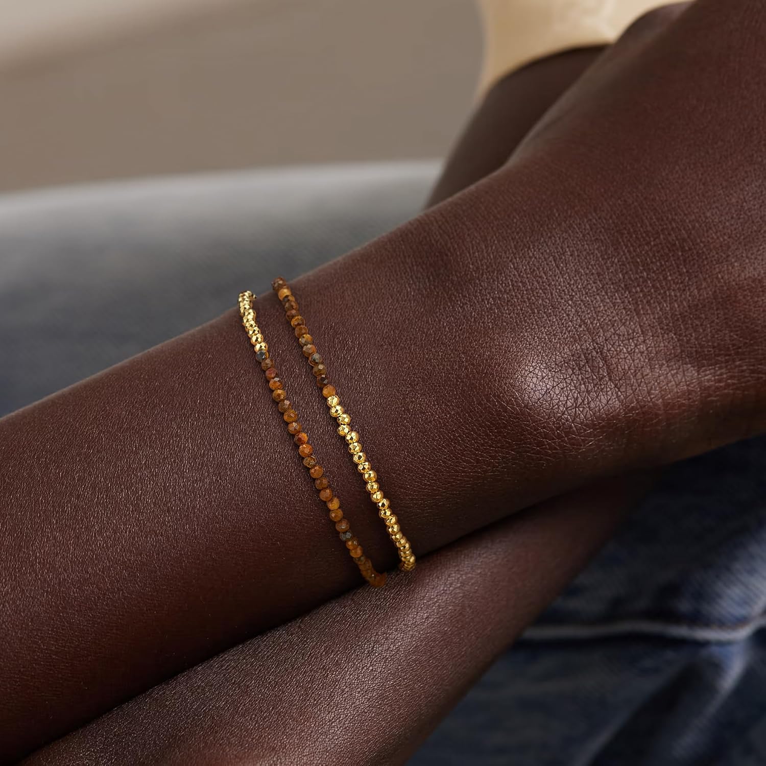 WEARON Gold Beaded Turquoise Bracelets for Women Dainty Stackable Stone Beaded Mixed Layered Link Chain Adjustable 14K Gold Plated Boho Bracelets for Women - Image 2