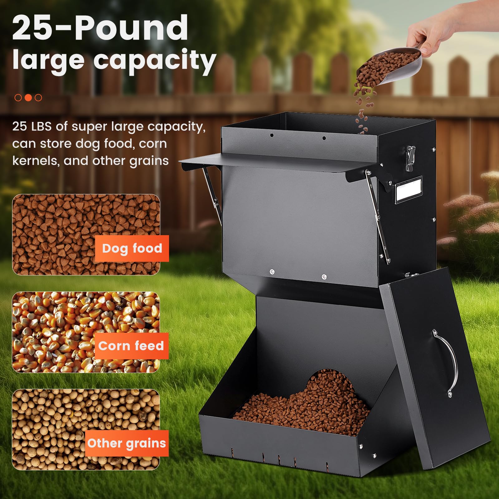 Comedero automático para perros de raza grande con tapa, 25 libras al aire libre e interior, comedero de gravedad para perros y dispensador de alimentos para perros, alimentador automático