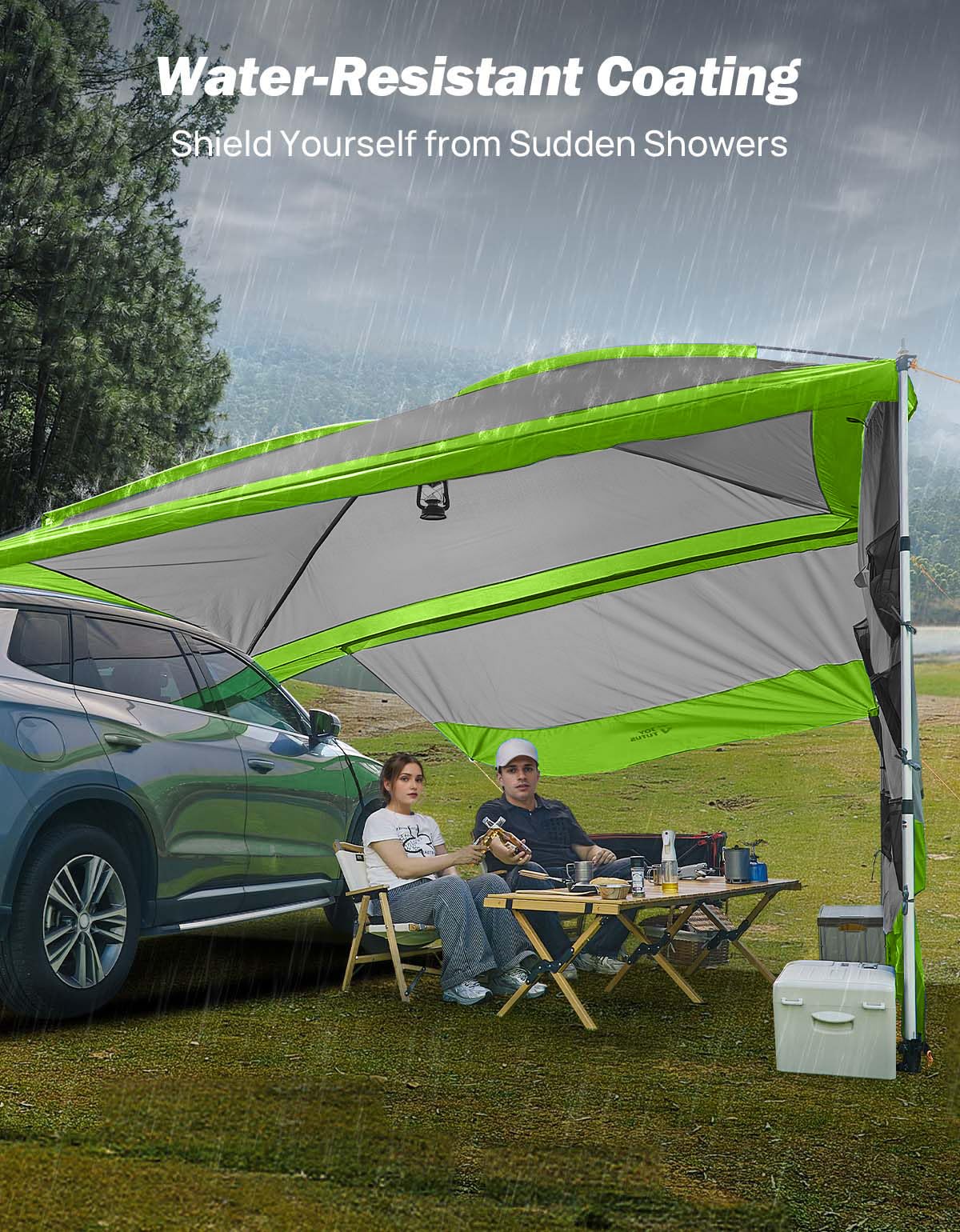 JOYTUTUS Auvent de Voiture SUV Universelle avec 3 Côtés Amovibles Vert | Tente Arriere Imperméable PU2000mm, Auvent Fourgon UV50+ Pare-Soleil avec 8 Poches de Rangement pour Camping, Randonnée