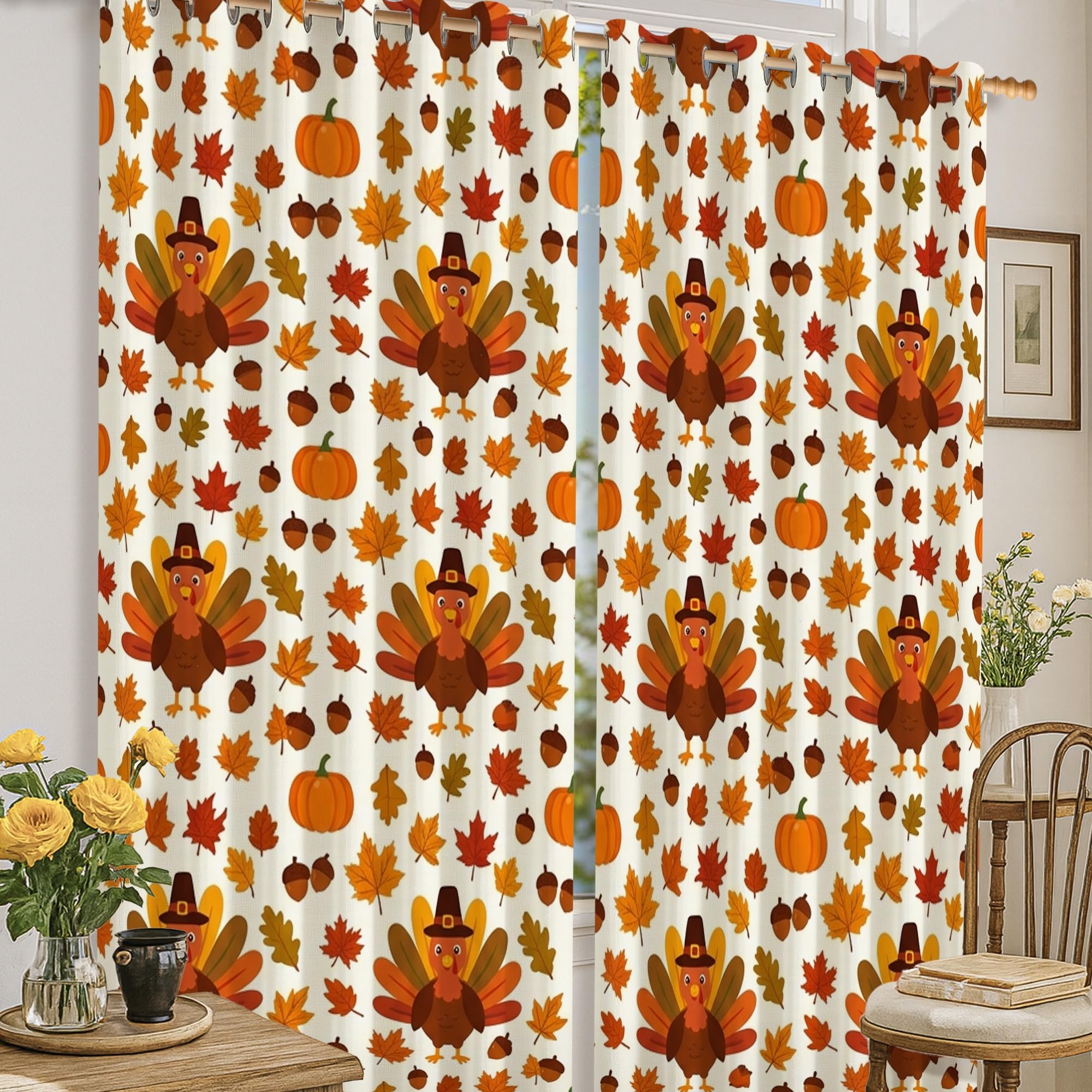 Rideaux occultants citrouilles et dinde 132x160cm orange pour chambre