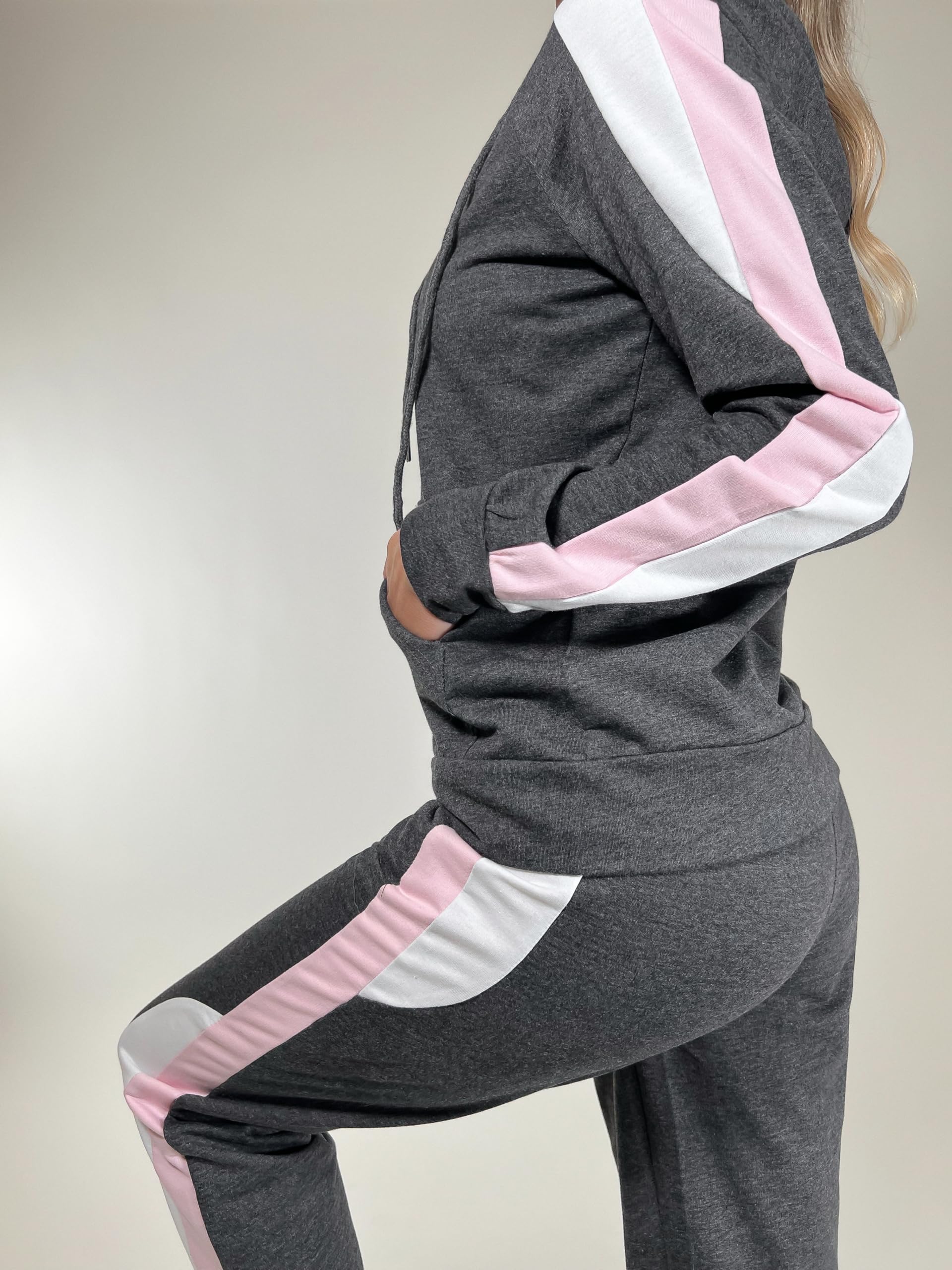 Litherday Jogginganzug Damen Lang Freizeitanzug Baumwolle Trainingsanzug Damen Streifen Sportanzug Fitnessanzug mit Taschen