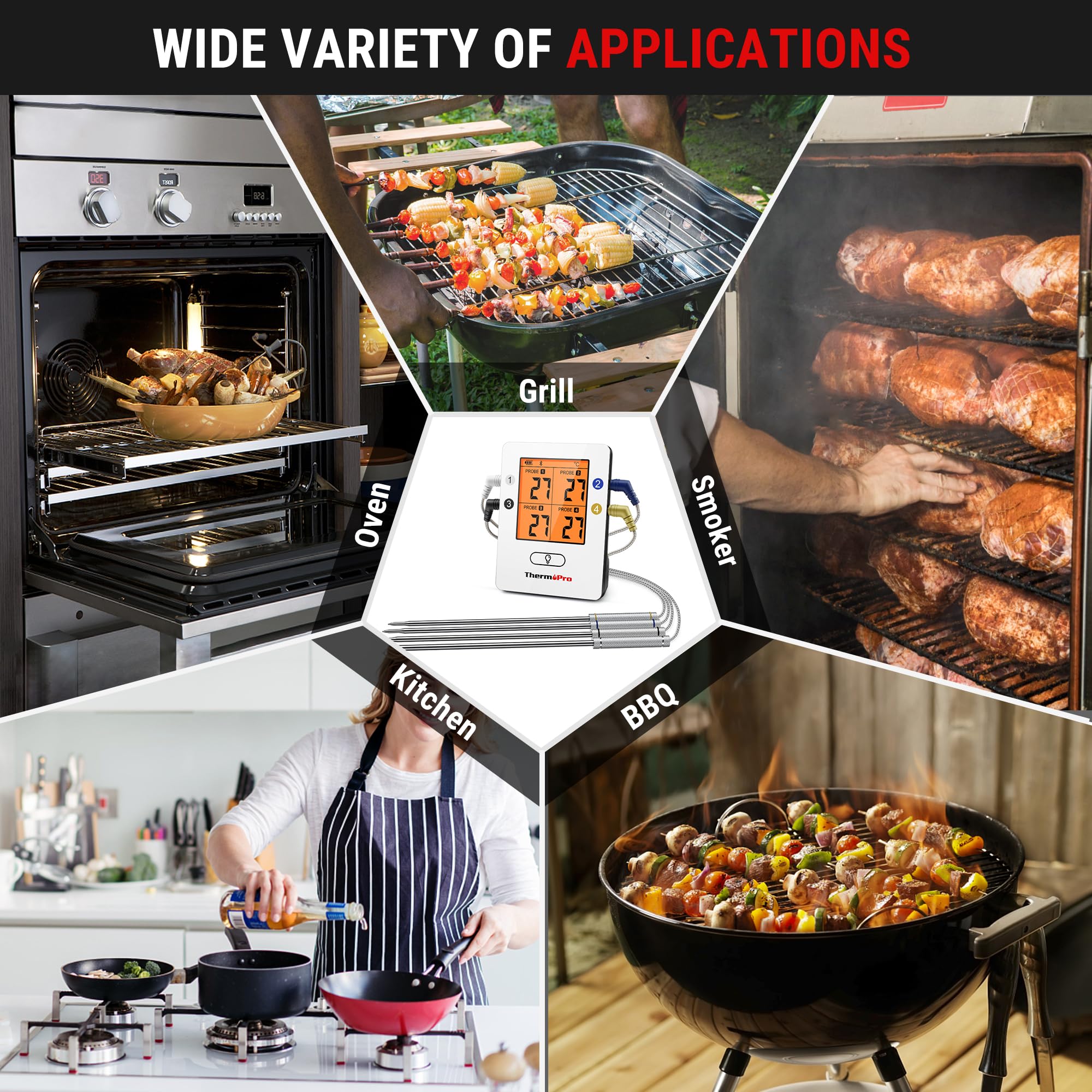 ThermoPro TempPro TP25 Termómetro Barbacoa Inalámbrico Bluetooth con 150m de Largo Alcance Termómetro de Cocina Digital con 4 Sondas para Parrilla Horno Ahumador Barbacoa Carne Carne Termómetro