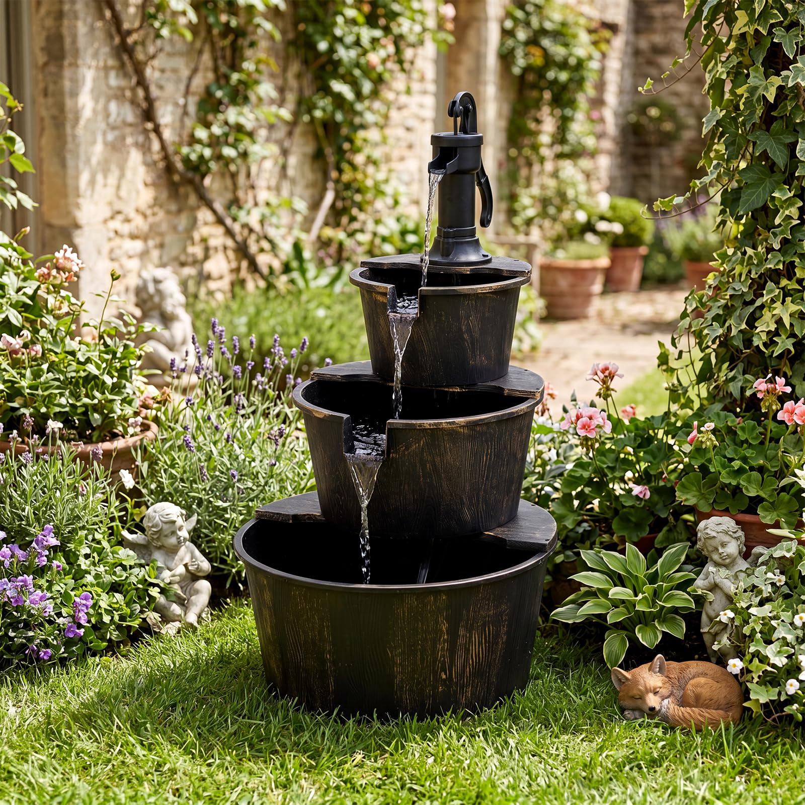COSTWAY Fontaine de Jardin à 3 Niveaux en Baril avec Pompe Réglable