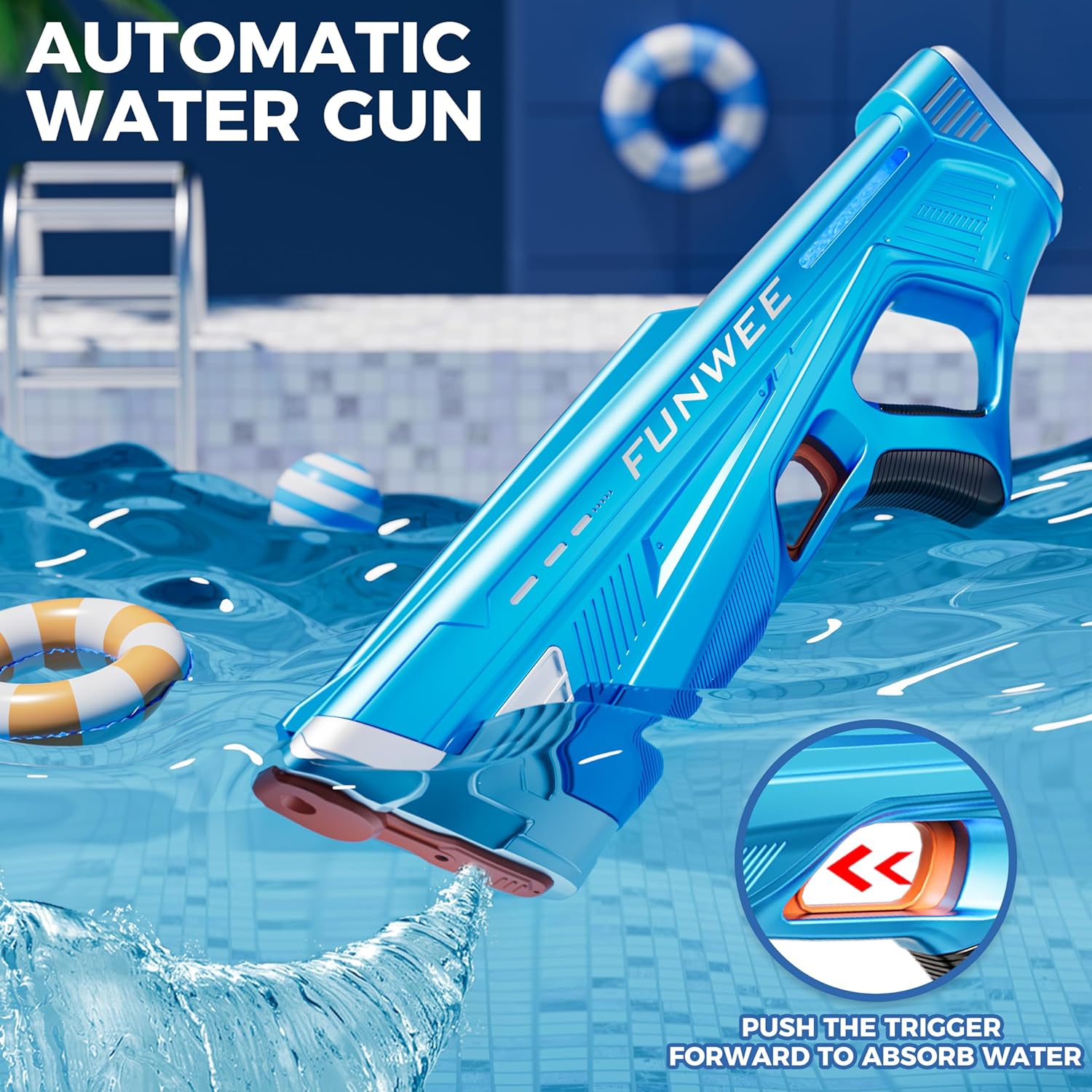 Funwee Electric Water Gun for Adults Kids, Powerful Automatic Squirt Gun, High Powered Shooting 100+ Blasts, Strongest Auto Water Blaster, Long Range, Pool Outdoor Water Toy Game(Blue)