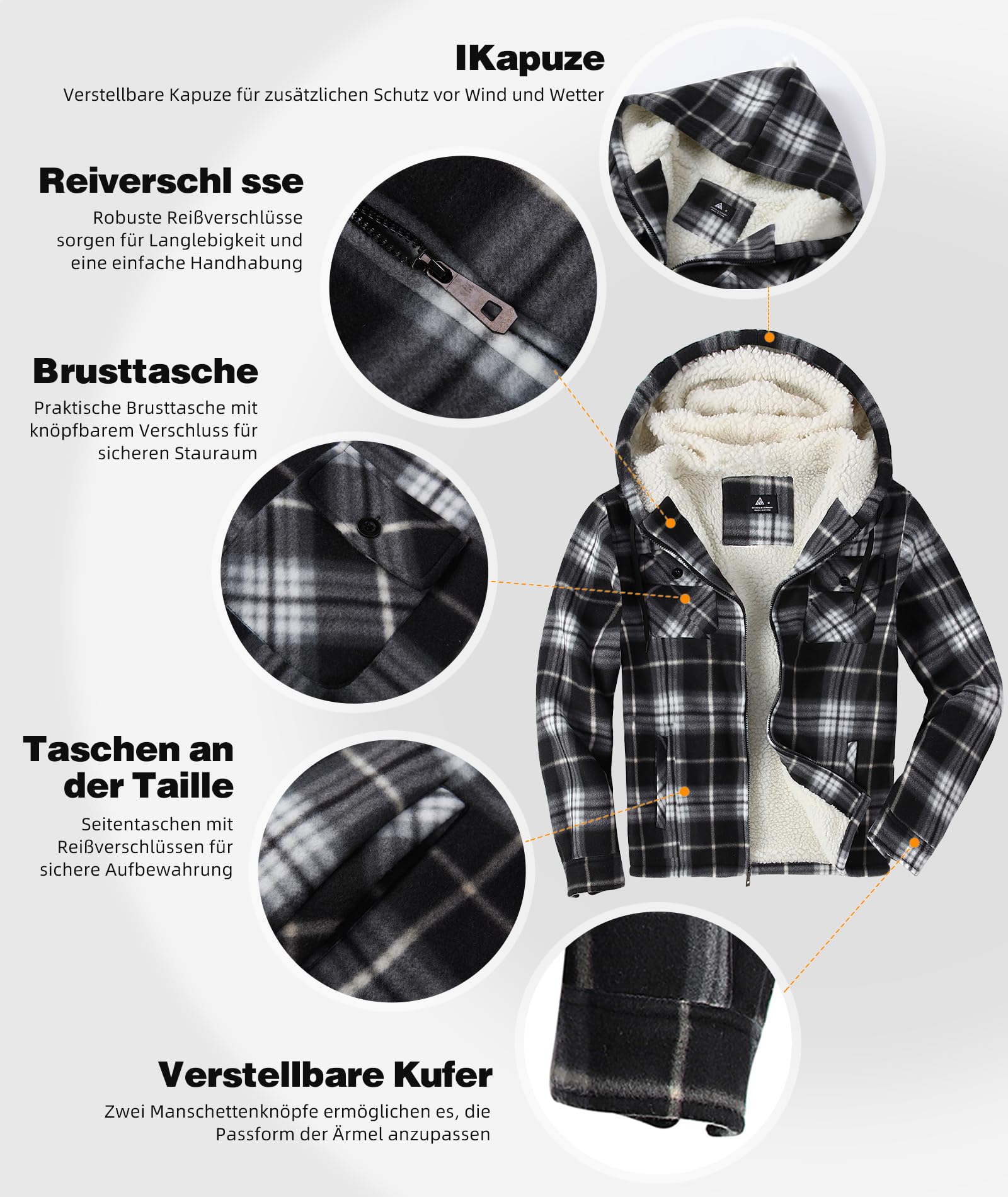 JACKETOWN Veste Polaire Homme Avec Capuche Chemise En Flanelle à Carreaux Veste Mi-Saison Chaude Doublée Manteau Décontracté Avec Poches Idéale Pour L’automne Et L’hiver