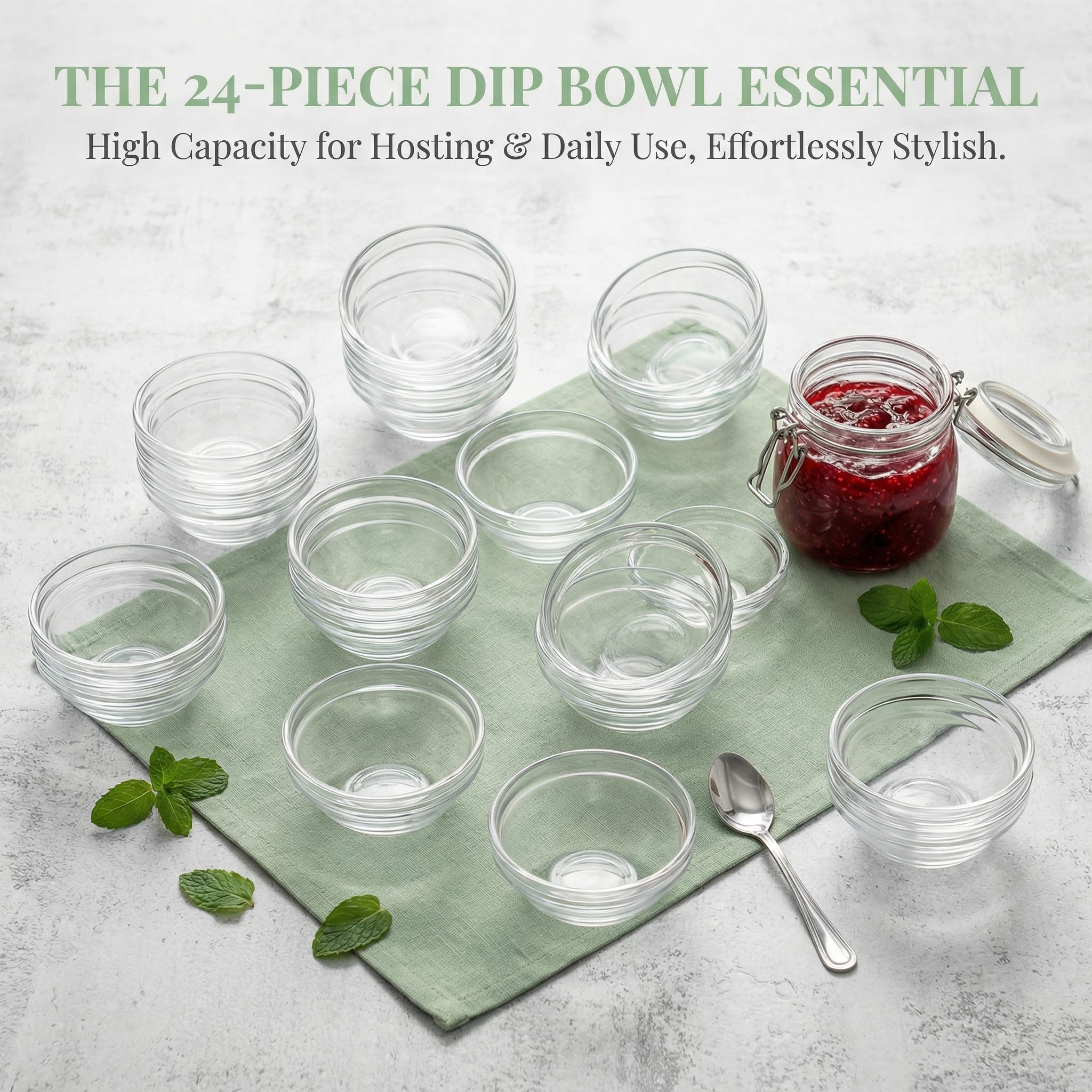 Set da 24 Ciotole Piccole di Vetro Trasparente, 6.2x2.8cm, Ciotole per Salse e Condimenti, Mini Ciotole per Marmellata e Olio, Aceto, Spezie per Casa e Ristorante, Eleganti e Resistenti