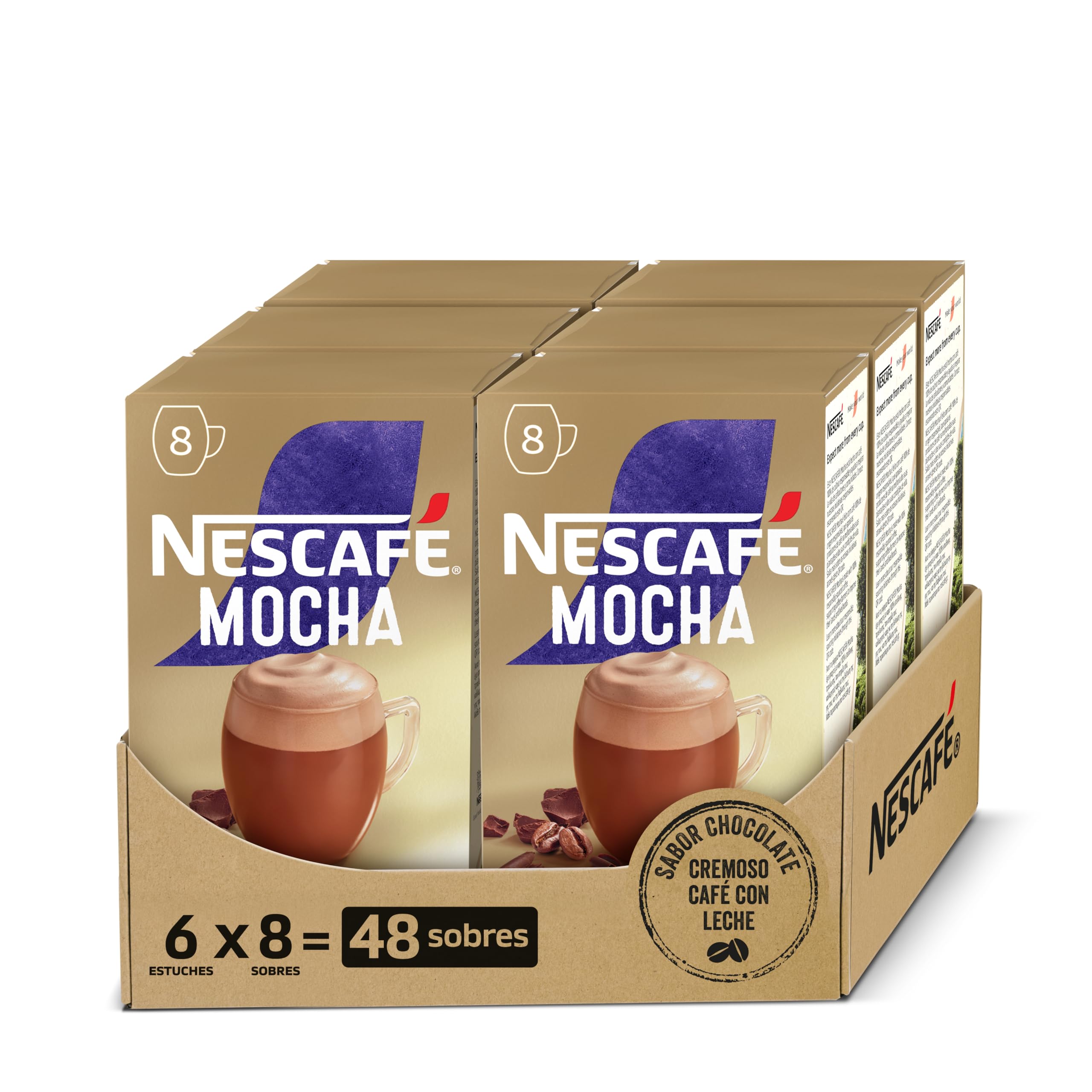 NESCAFÉ Goldener Mokka, cremiger löslicher Kaffee mit Magermilch, Cappuccino-Schokoladengeschmack, Packung mit 6 Hüllen mit 8 Beuteln, insgesamt 48 Beutel