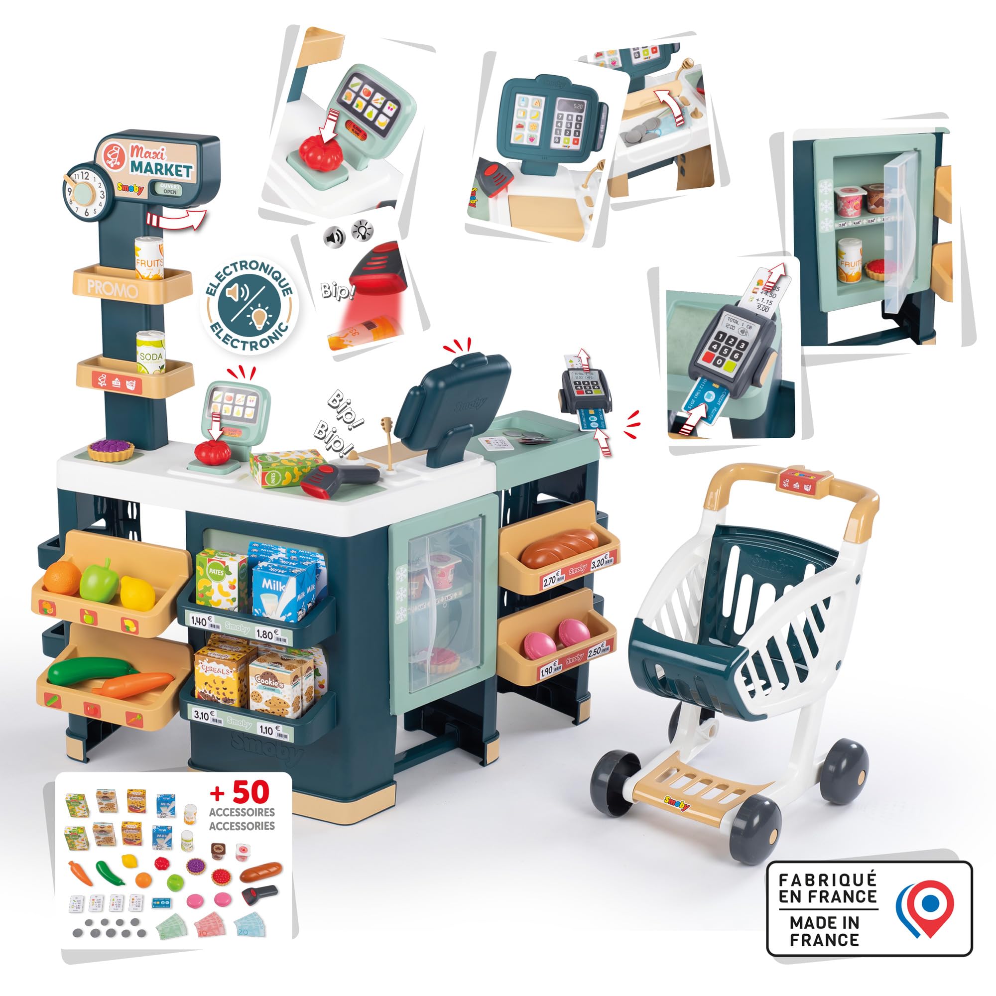 Smoby - Maxi Market - Supermarket dla dzieci - Wózek, półki, pudełka, warzywa, owoce - Strefa chłodnicza - Liczne akcesoria - Od 3 lat - Wyprodukowano we Francji