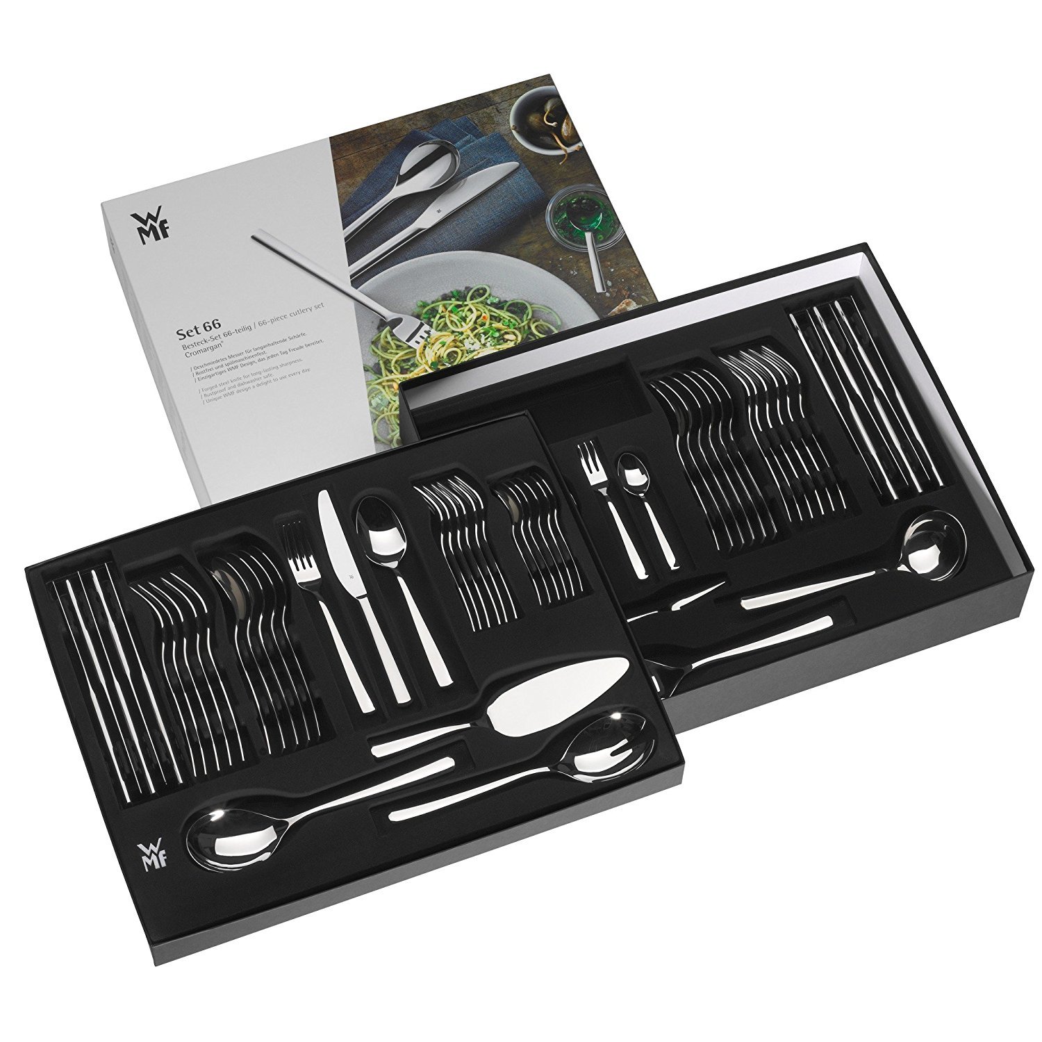 WMF Boston Besteckset 12 Personen, 66 teilig, 60 Teile mit Servierbesteck, Monobloc-Messer, Cromargan Edelstahl poliert, glänzend, spülmaschinenfest