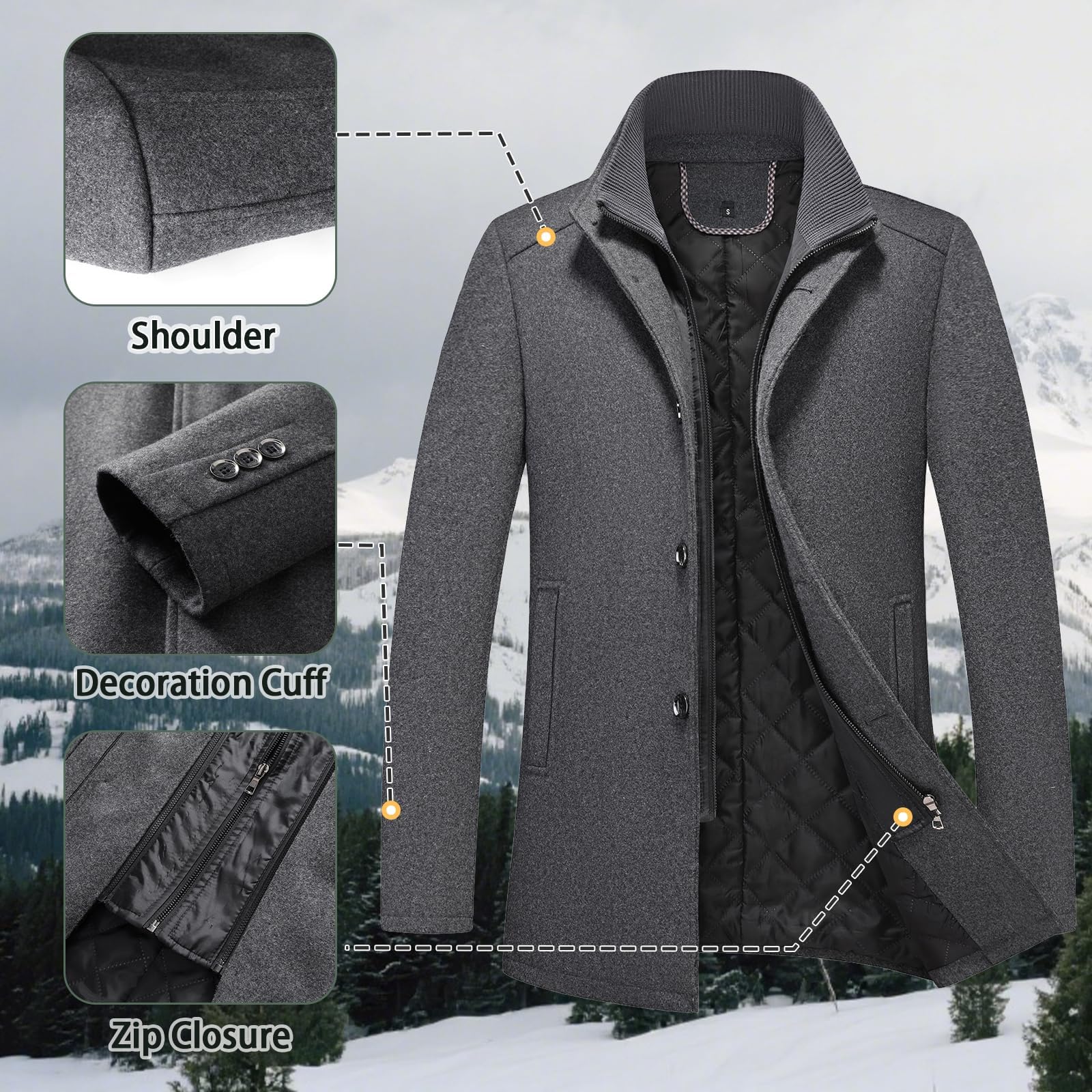 KUDORO Manteau Homme Mi-Long en Laine Chaud pour Hiver Col Montant Trench Coat Classique Parka Pardessus Caban Slim Fit Coup-Vent