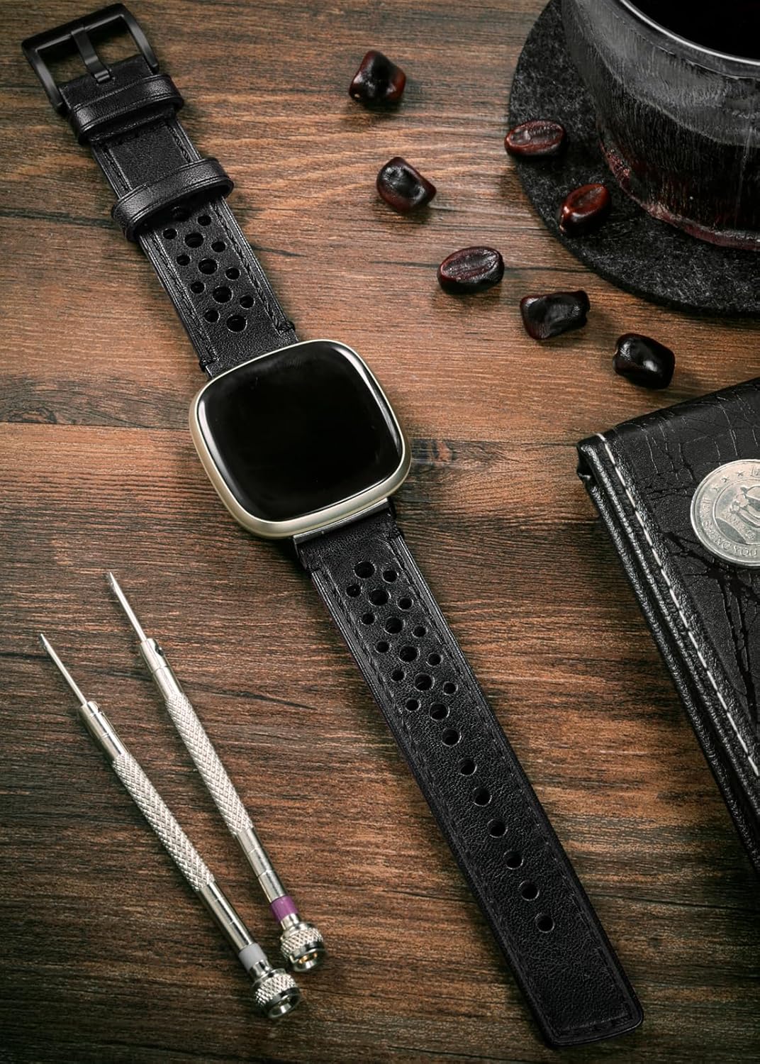 HEMSUT Genuine Perforated Leather Watch Band Compatible with Fitbit Versa 3 / Versa 4 / Sense/Sense 2 - Stainless Steel Buckles -Military Tactical Style Replacement Wristband