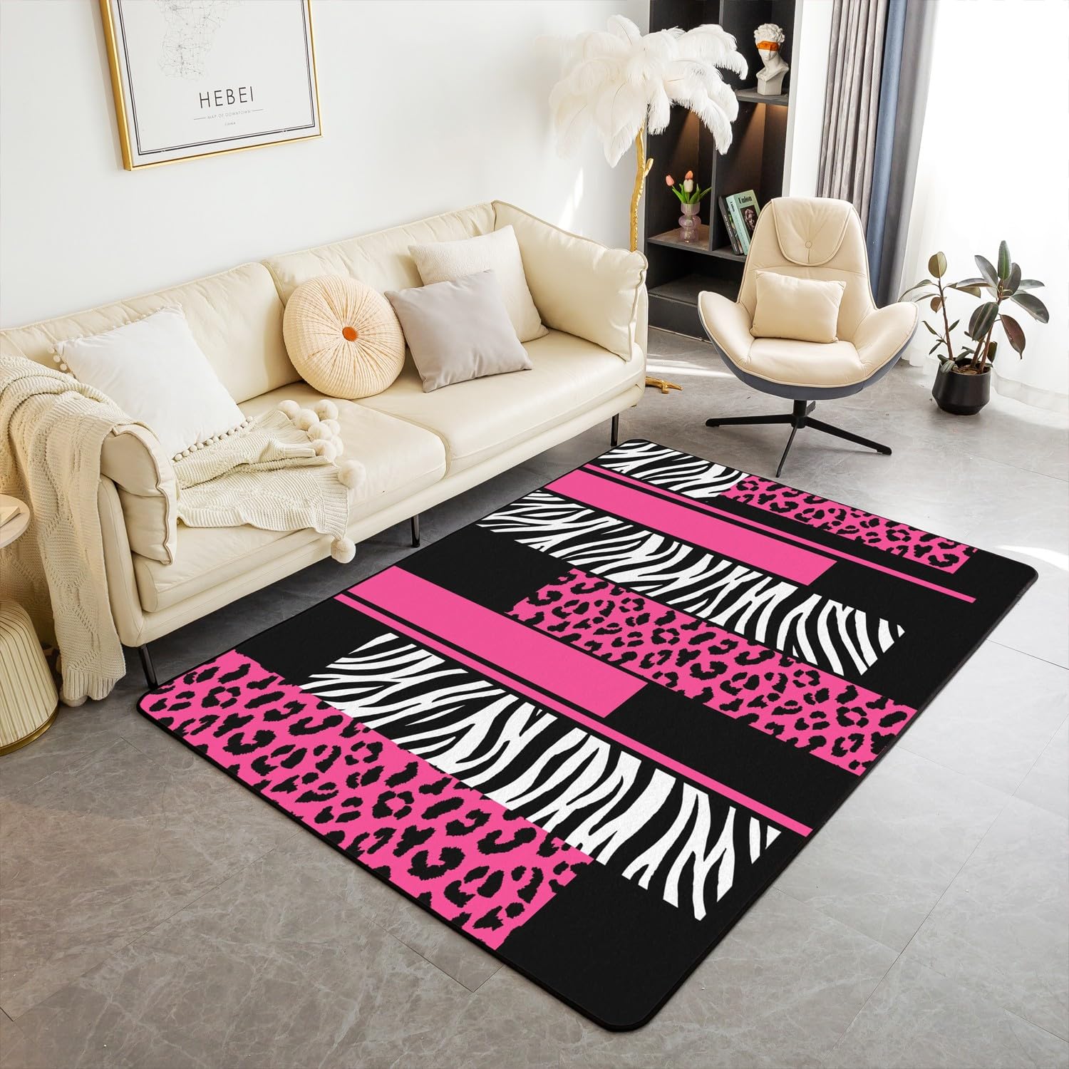 Loussiesd Leopard Zebra Living Room Rugs Area Rug 100x150cm Cheetah Pink White Black Accent Rug for Animal Print Indoor Floor Mat Non-slip Safari Rug