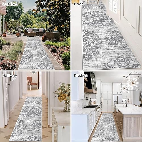 Miniatura 4 de HEBE - Alfombra de pasillo de 2 x 8 pies, lavable, vintage, envejecida, antideslizante, para lavandería, pasillo, entrada, lavandería, cocina, baño,