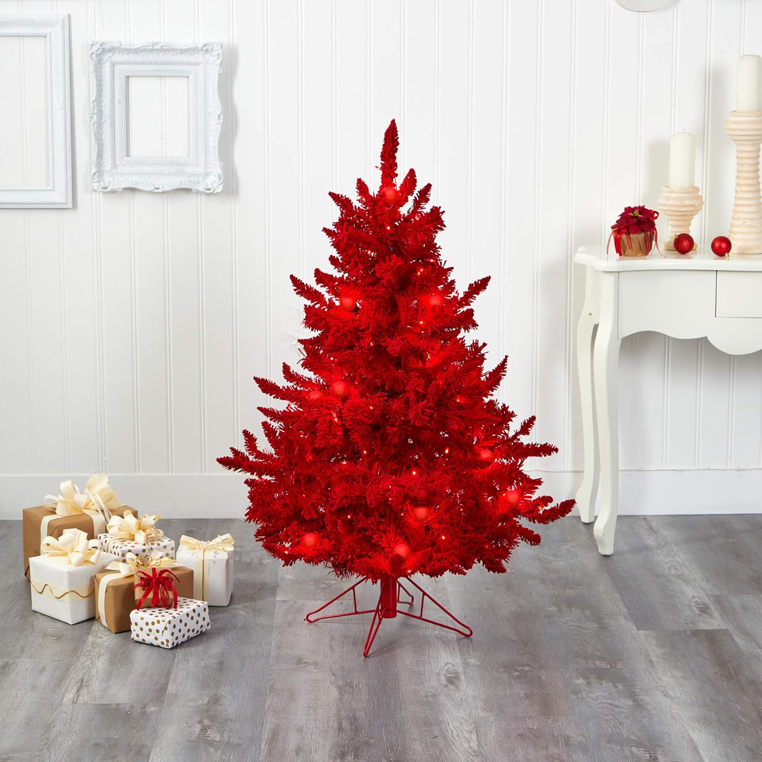 Nearly Natural 4ft. Red Flocked Fraser Fir Artificial Christmas Tree with 100 Red Lights, 14 Globe Bulbs and 270 Bendable Branches