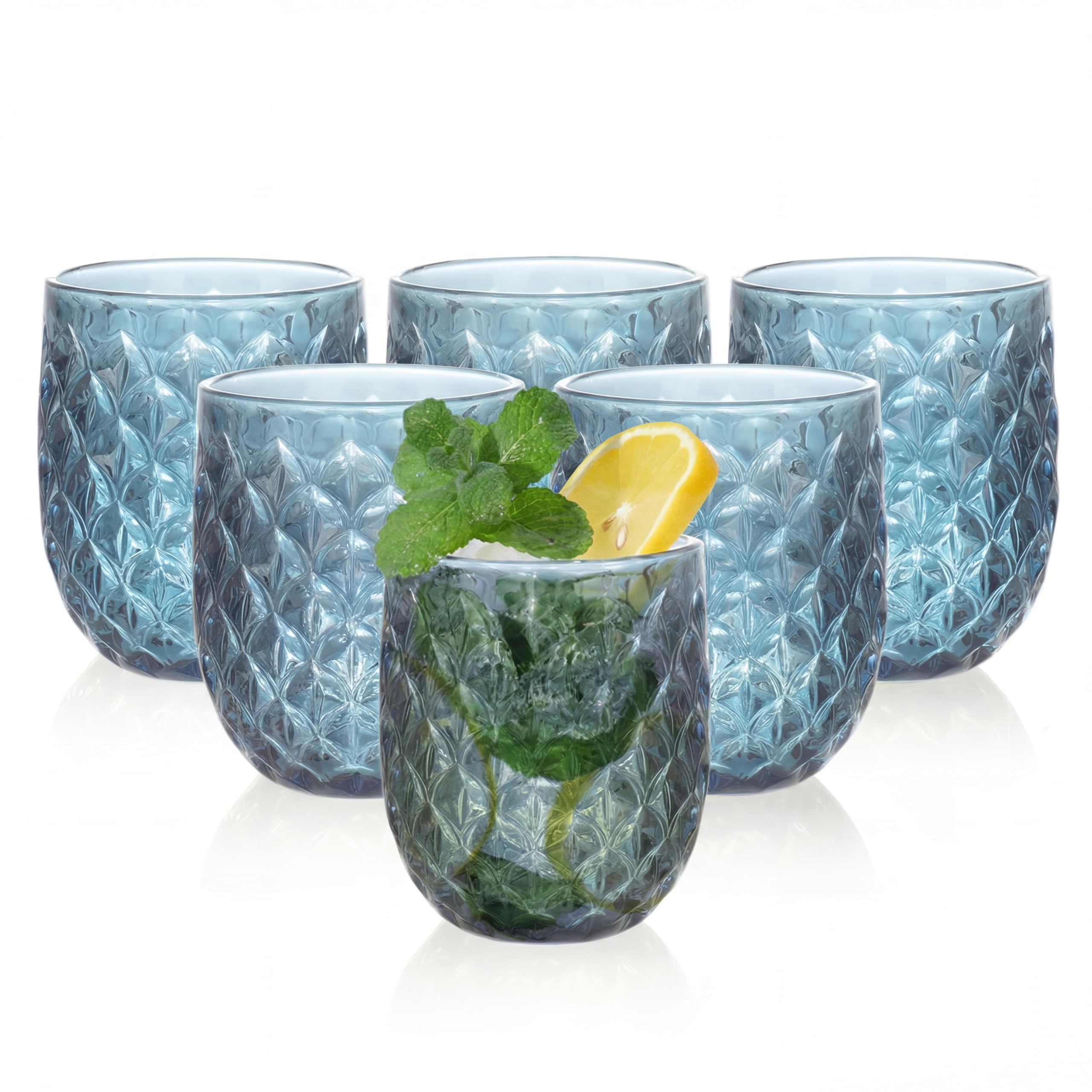 Drinking Glasses Set of 6 - 360ml/12oz Vintage Tumbler Glasses - Decorative Floral Embossed Water Glasses - Heavy Duty Glassware Beverages Tumblers for Whisky, Beer, Juice, Wine (Upgraded - Blue)