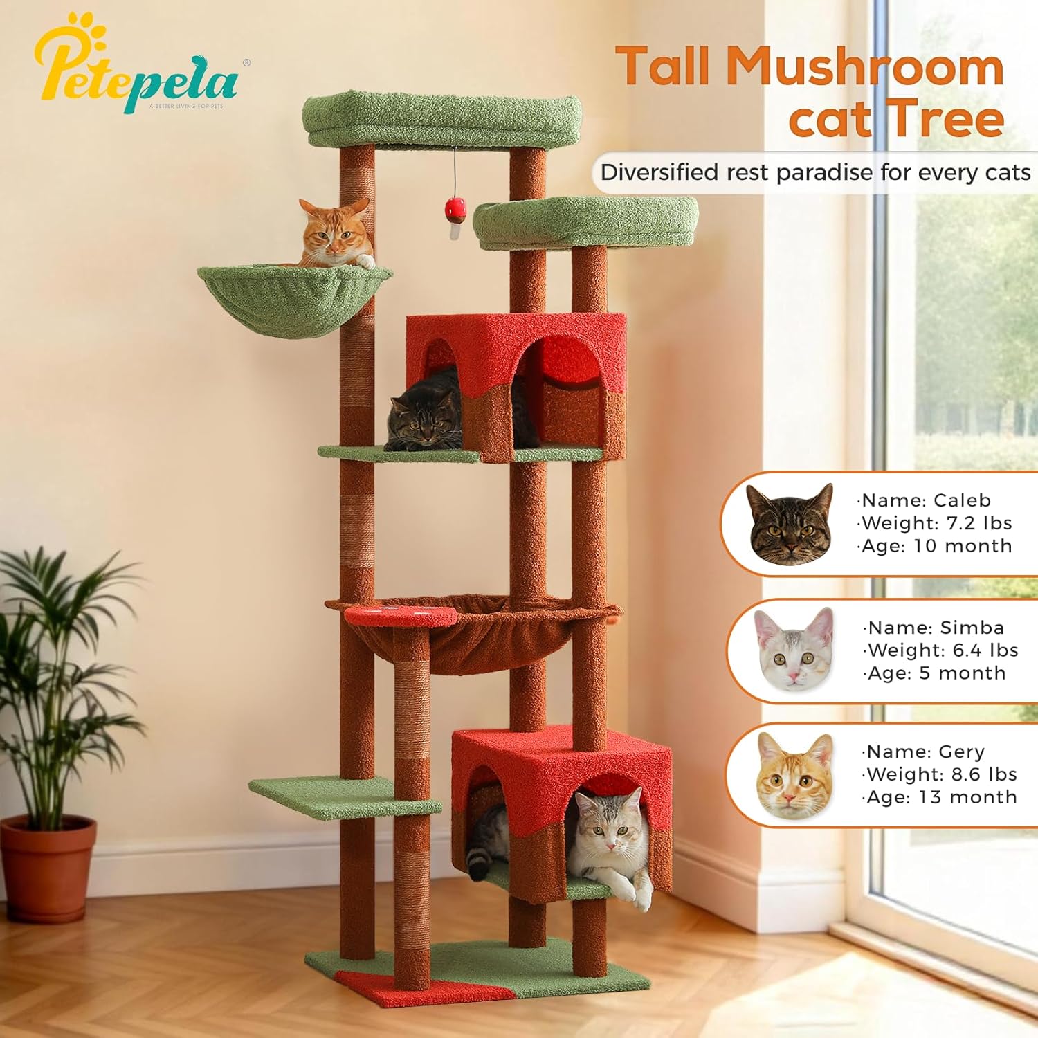 PETEPELA 69" Mushroom Cat Tree for Indoor Large Cats, Tall Cat Tower for Adult Cats with Big Hammock, Cat Climbing Tree Tower with Scratching Posts, Condo House and Large Top Perch, Brown