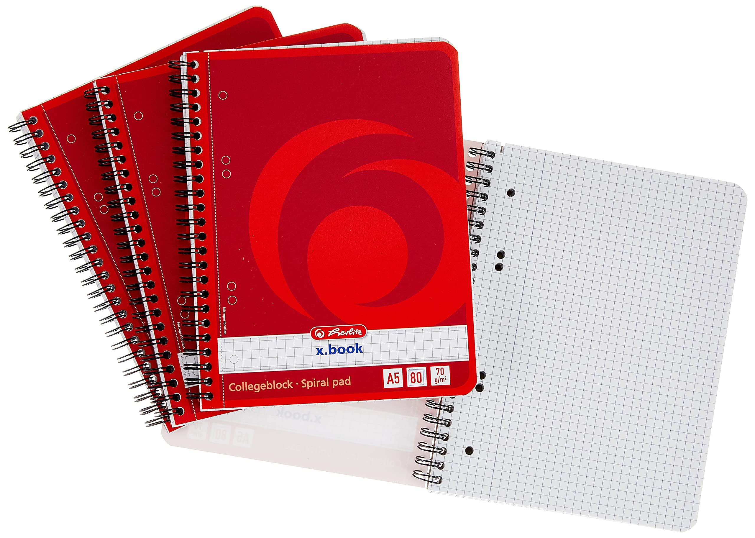 Herlitz 297515 Notizblock mit Seitenspirale, 70 g/qm, A5, liniert, 80 Blatt (4er Packung, Kariert)