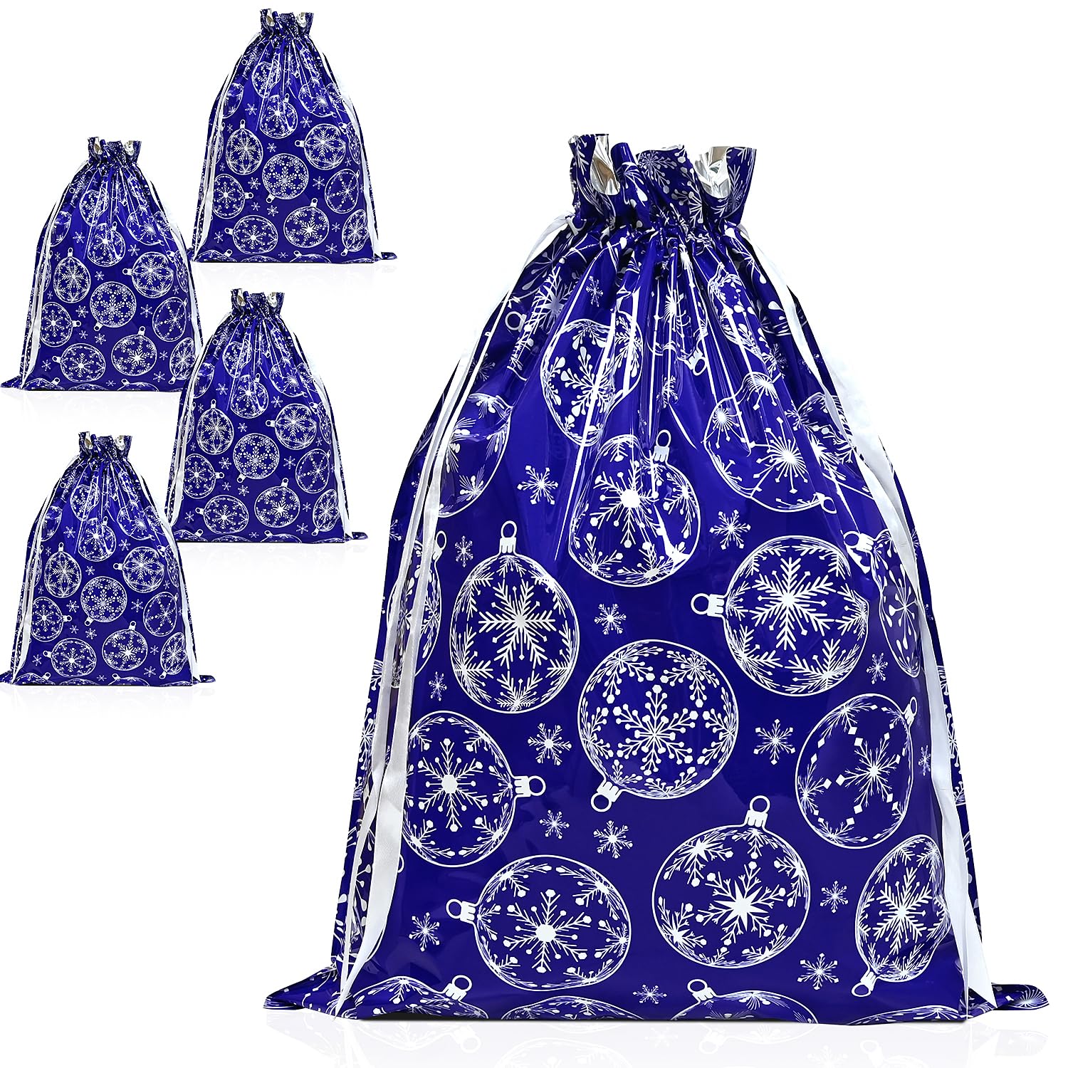 FMDPZUP Christmas Bags,4PCS Large Size 43 * 58cm Xmas Gift Drawstring Bags,Blue Christmas Bag with Snow Globe Decorations for Party